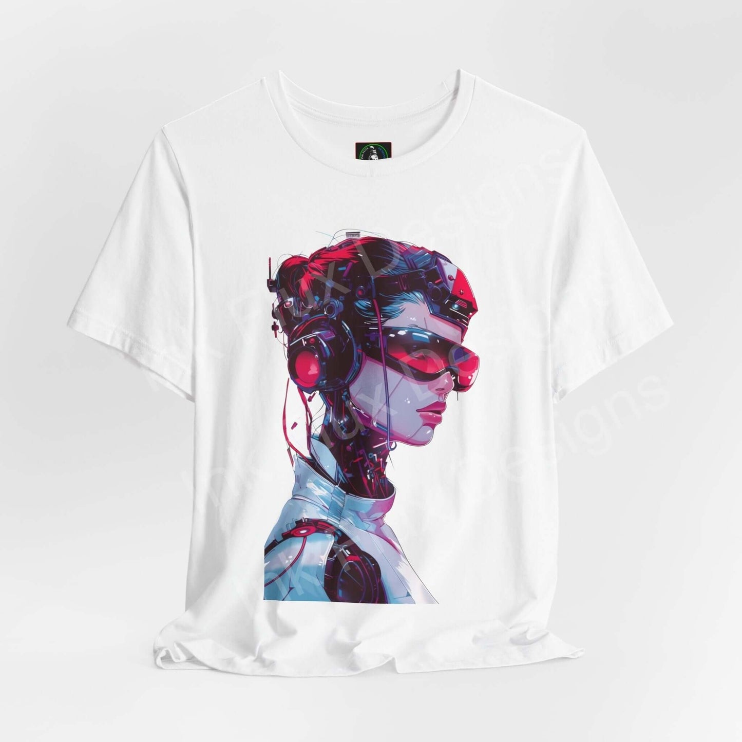 Cyberpunk-themed graphic tee featuring a stylized cyborg design in vivid colors on a white unisex T-shirt by Bella+Canvas.