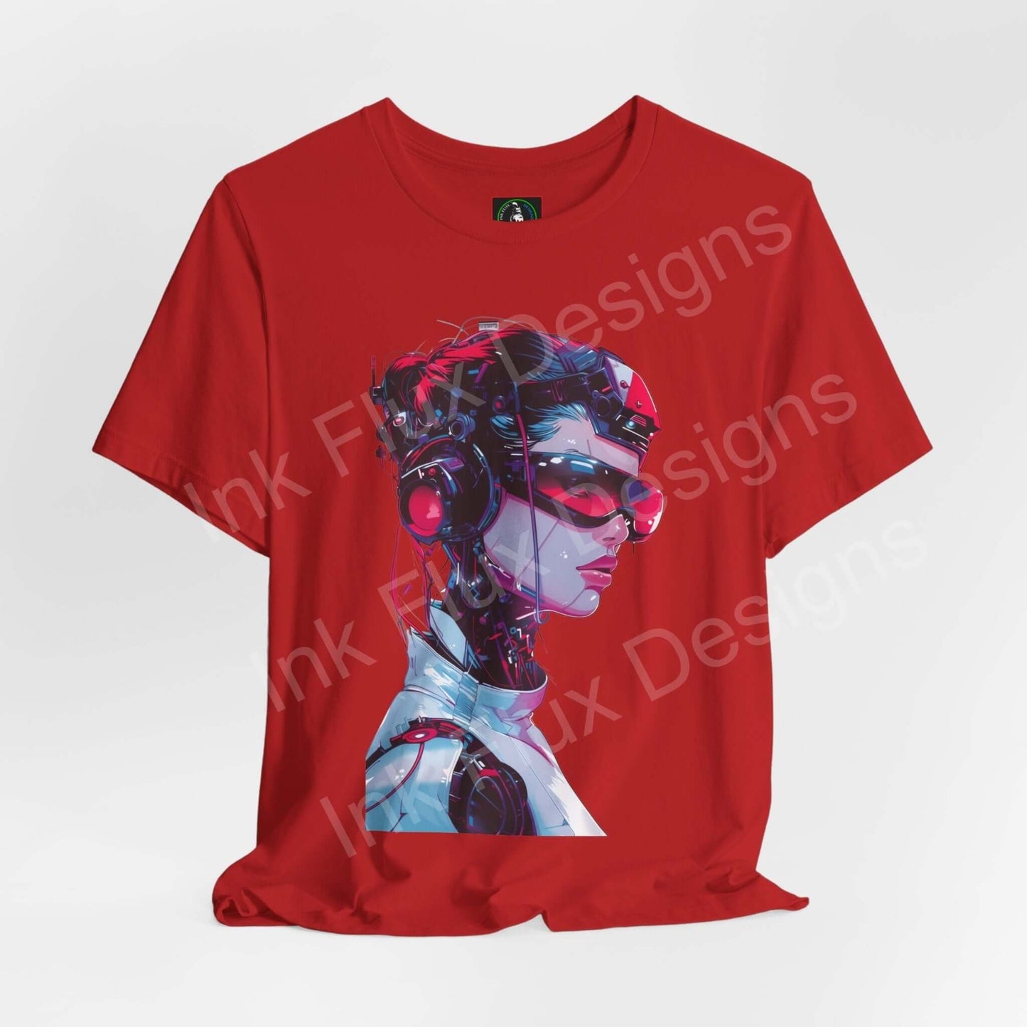 Red cyberpunk graphic tee featuring a detailed illustration of a female cyborg on Bella+Canvas unisex jersey T-shirt.
