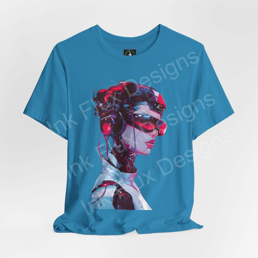 Blue unisex cyberpunk graphic tee featuring a detailed cyborg face design, perfect for T-shirt and graphic Tees enthusiasts.