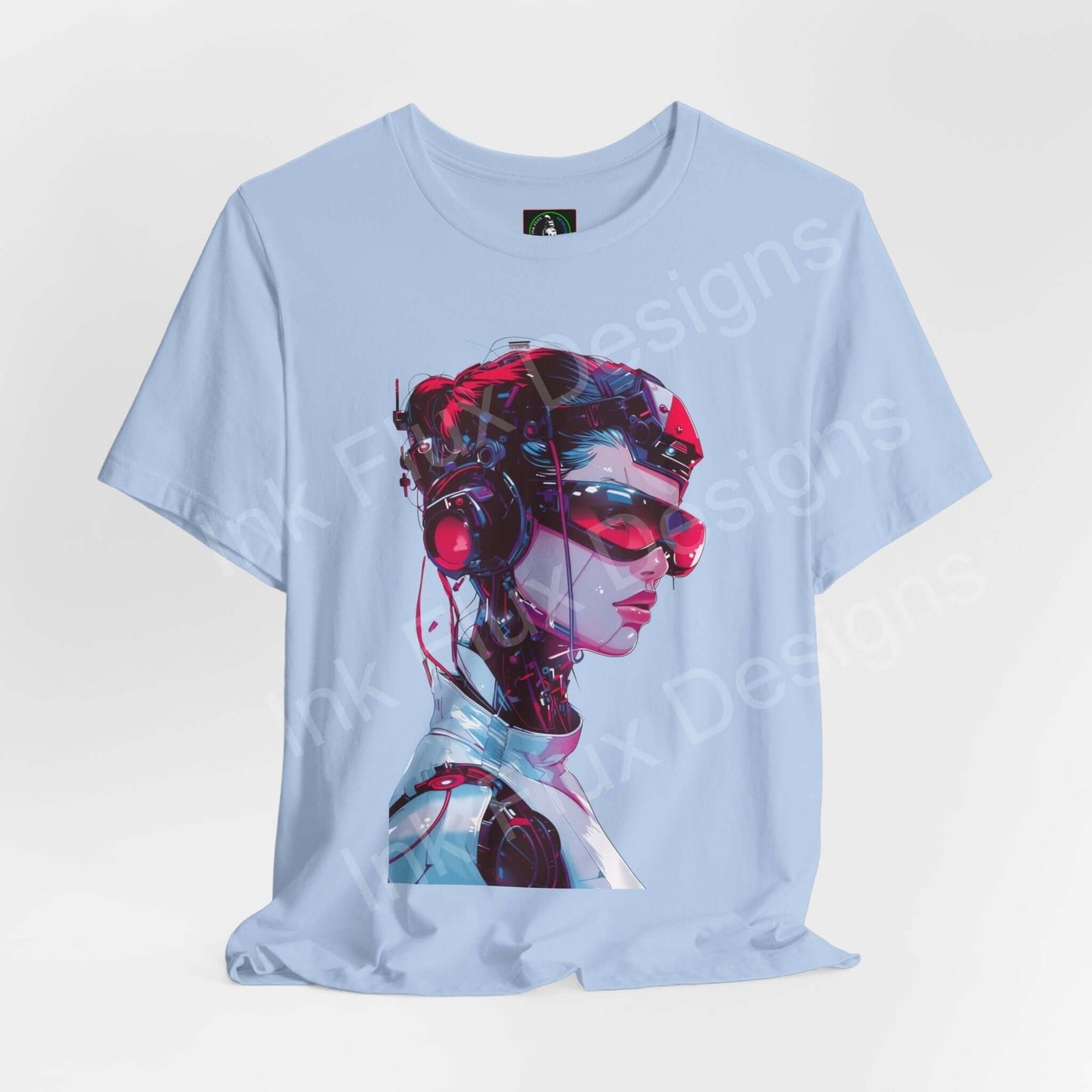 Light blue unisex Cyborg II T-shirt featuring a graphic print of a cyberpunk-inspired cyborg face, designed for style and comfort.