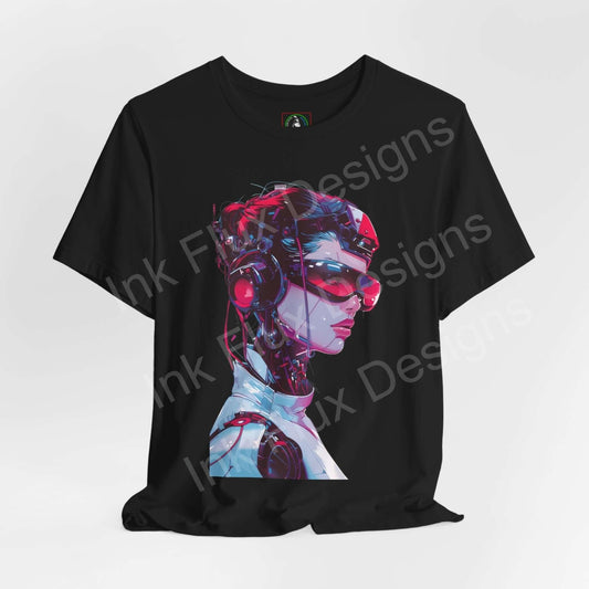 Black cyberpunk graphic tee featuring a stylized image of a cyborg's face in vibrant colors, from Bella+Canvas unisex jersey collection.
