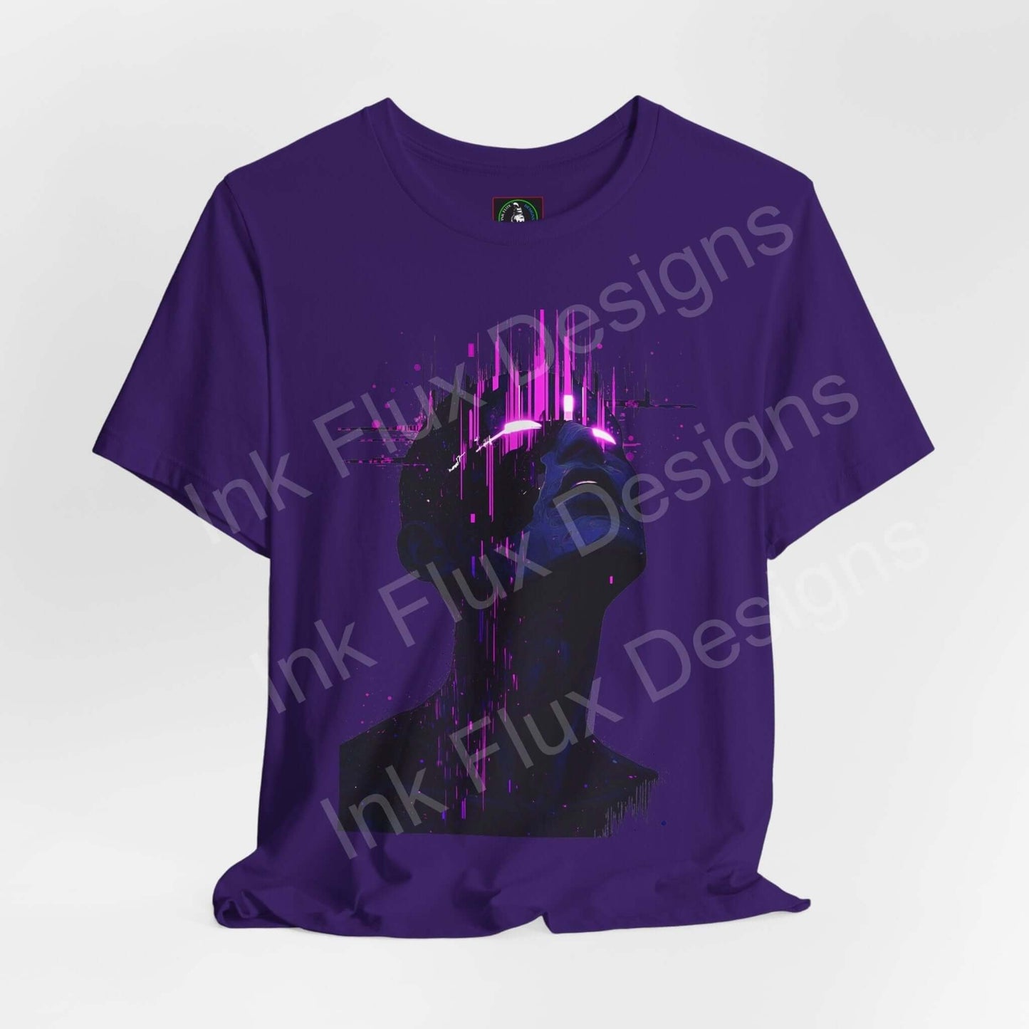 Unisex purple T-shirt featuring a cyberpunk graphic design with a stylized, glitchy silhouette, from Bella+Canvas, emphasizing style and sustainability.