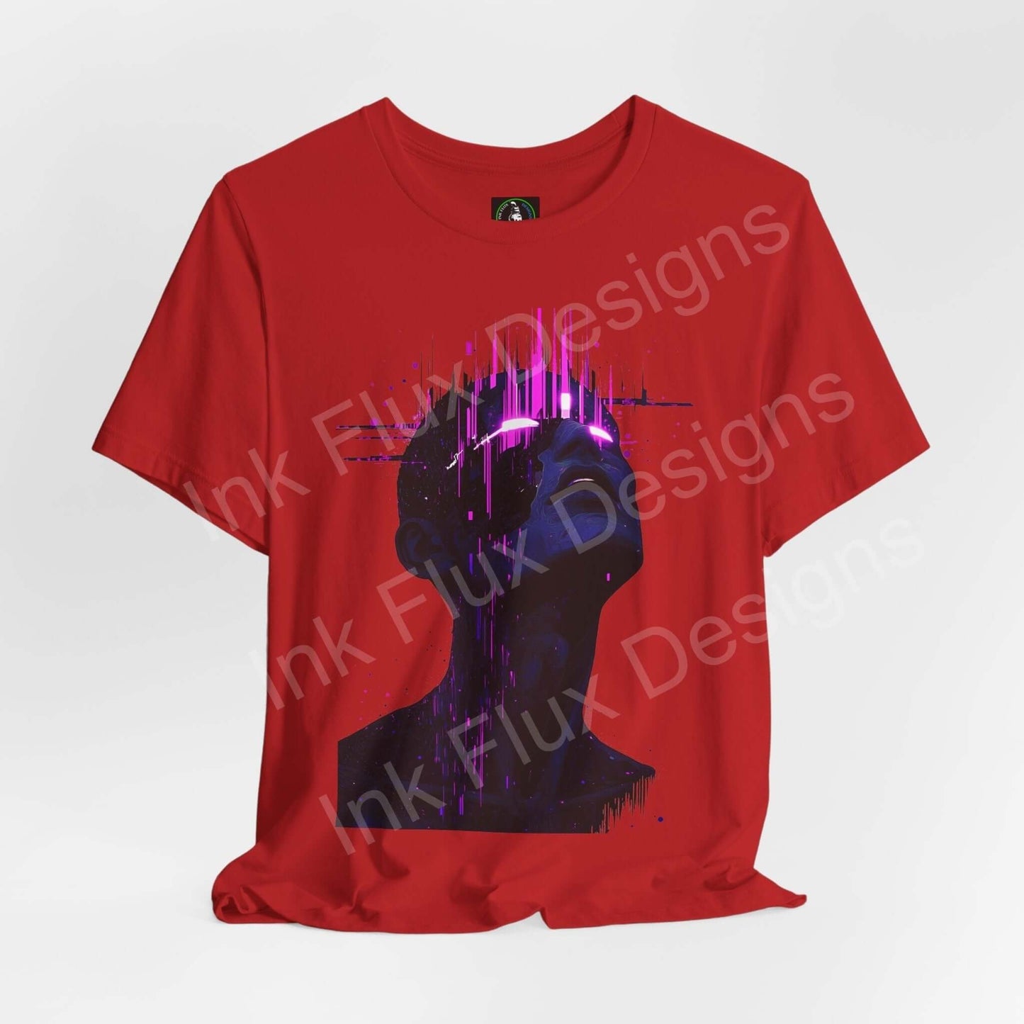 Red unisex T-shirt featuring a cyberpunk graphic of a cyborg face in purple hues, from Bella+Canvas, ideal for style and comfort.