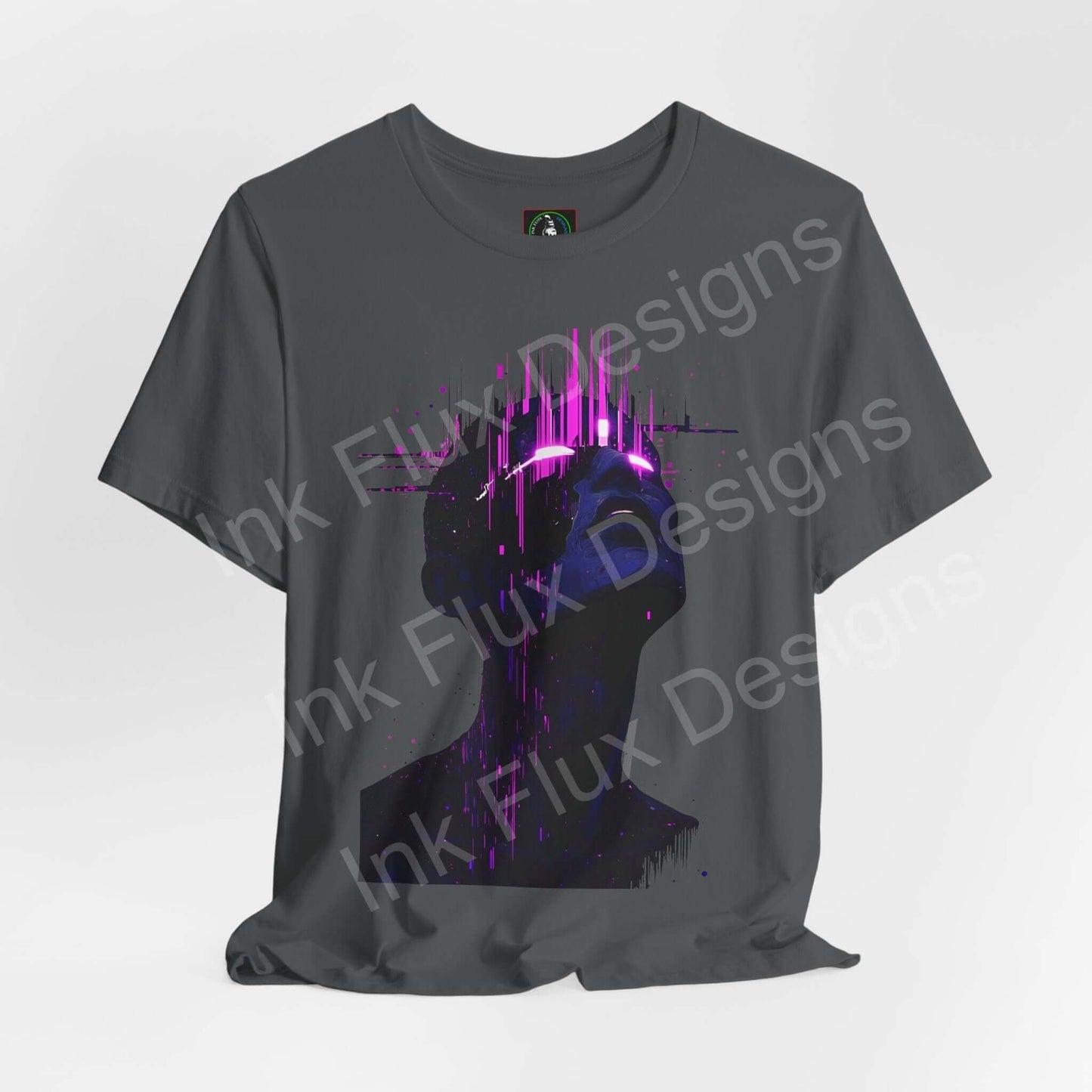 Unisex gray jersey T-shirt featuring a vibrant cyberpunk graphic design, part of the Cyborg III collection by Bella+Canvas, emphasizing style and sustainability.