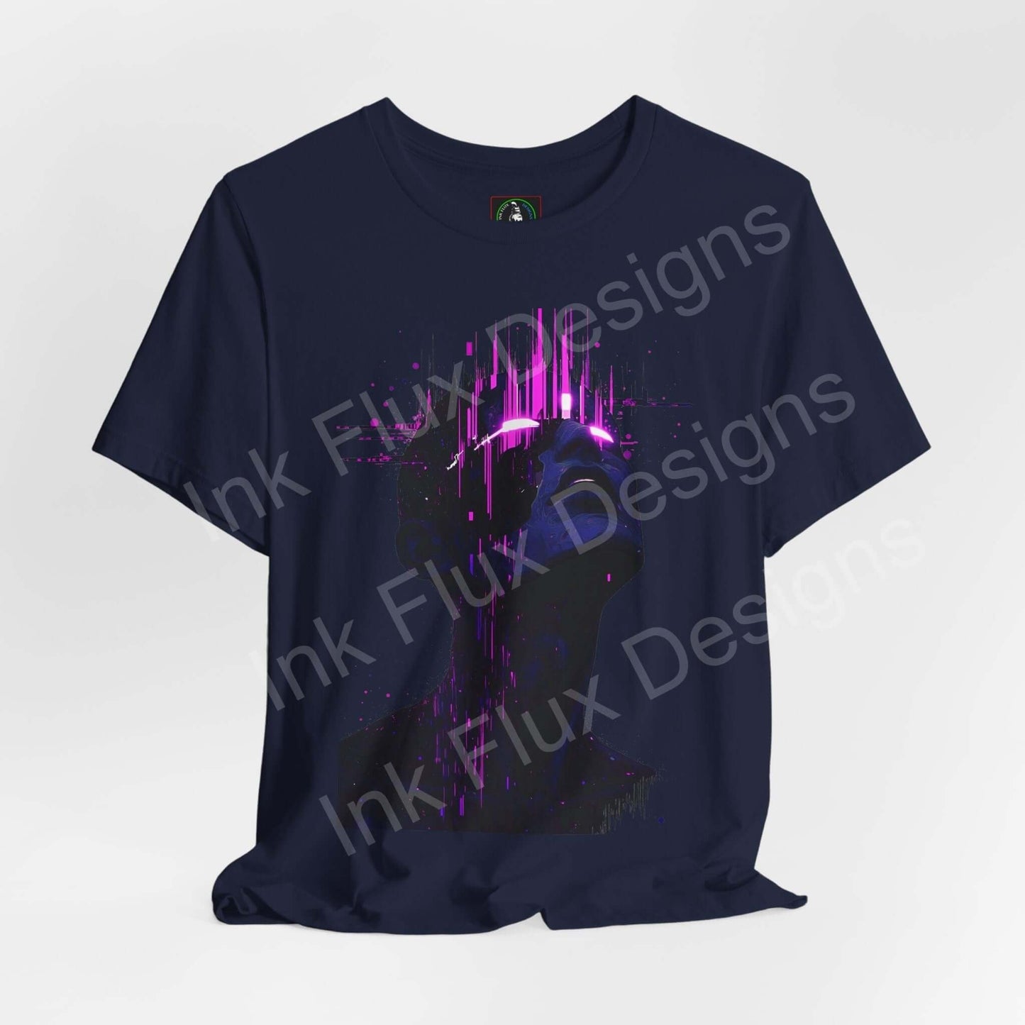 Unisex navy blue graphic tee with vibrant cyberpunk-inspired design, featuring pink and purple splashes, part of the eco-friendly Bella+Canvas collection.