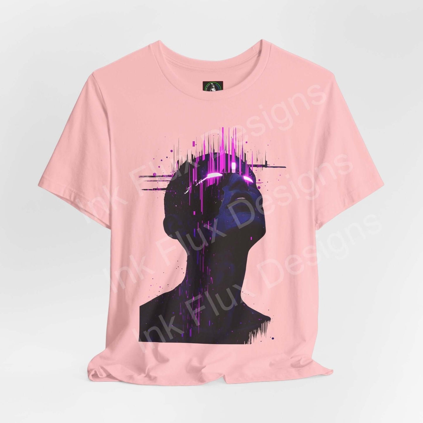 Pink unisex T-shirt with cyberpunk graphic design featuring a stylized silhouette and purple digital glitch art, by Bella+Canvas.