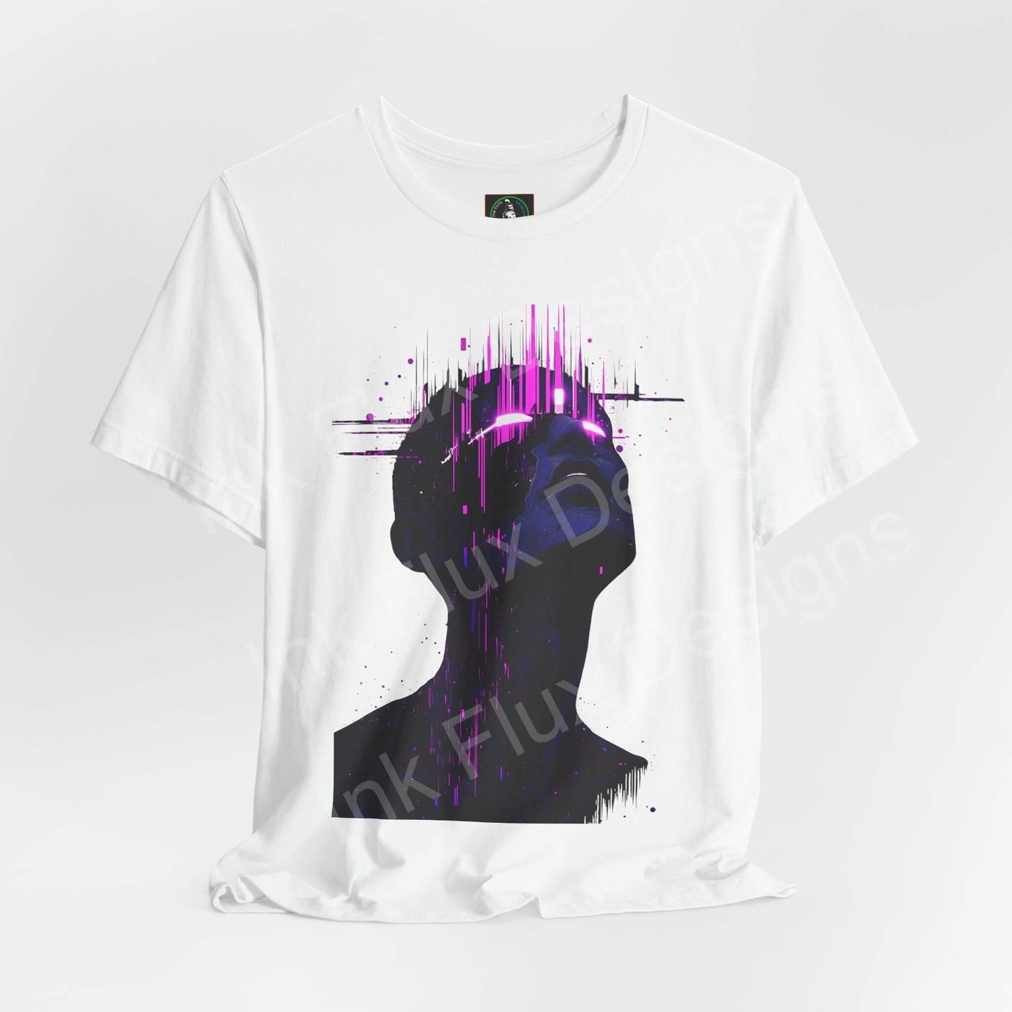 Unisex white jersey T-shirt featuring a cyberpunk-inspired graphic design with vivid purple accents, made from breathable Airlume cotton.