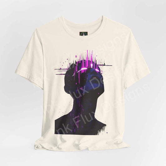 Unisex cream-colored graphic tee with a cyberpunk design featuring a silhouette and vibrant purple digital effects, ideal for a stylish casual look.