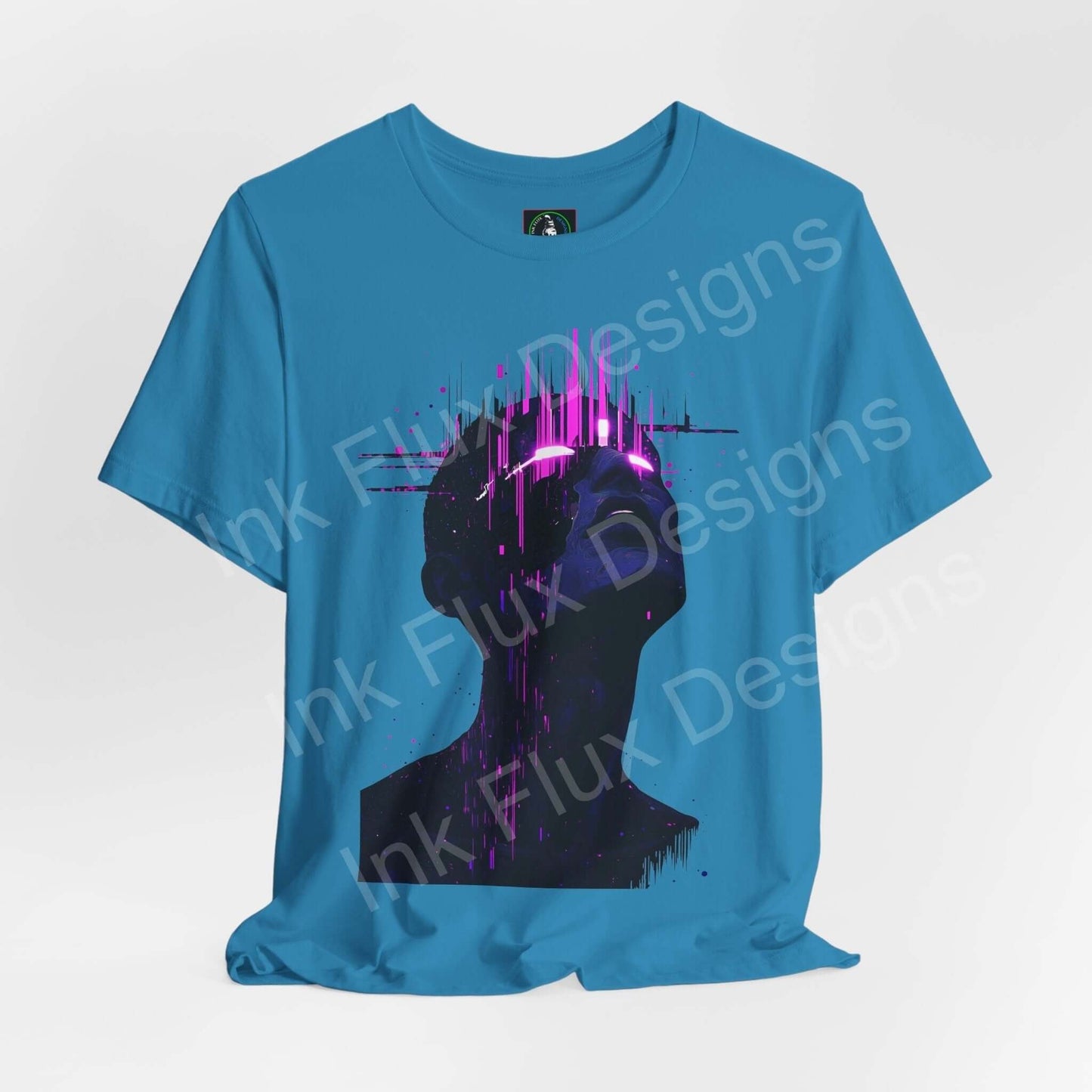 Unisex cyborg-themed graphic tee in teal with vibrant pink and purple design, featuring a silhouette with digital accents, ideal for cyberpunk and graphic tees enthusiasts.