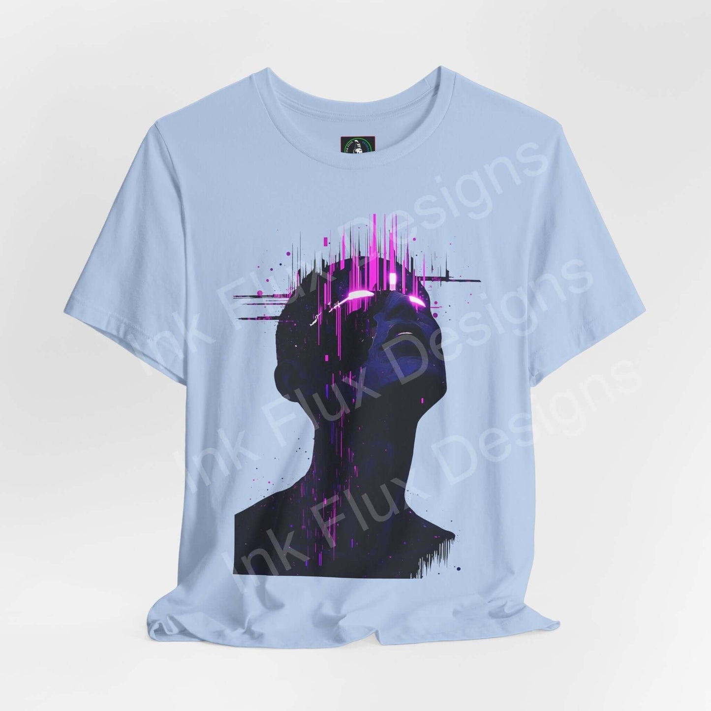 Light blue cyberpunk-themed graphic tee featuring a striking silhouette with vibrant pink and purple digital glitch design, ideal for fans of unique, stylish shirts.