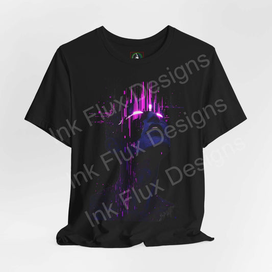 Black unisex Cyberpunk III graphic tee by Bella+Canvas, featuring a vibrant pink and purple cyberpunk design on Airlume cotton.