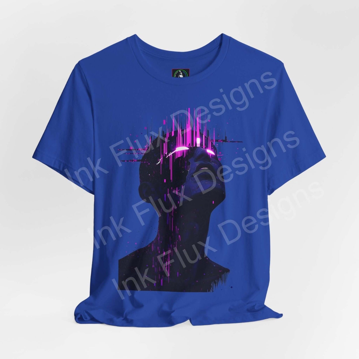 Blue unisex T-shirt featuring a vibrant purple and pink cyberpunk graphic design on the front, from Bella+Canvas.
