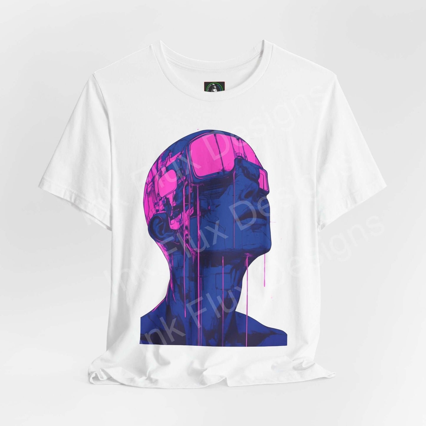Unisex white T-shirt featuring a vibrant blue and pink cyberpunk graphic of a cyborg head, designed for style and comfort.