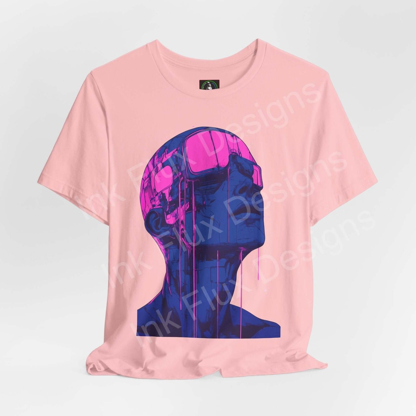 Pink unisex jersey T-shirt with a vibrant blue and purple cyberpunk graphic design, tailored for style and comfort.