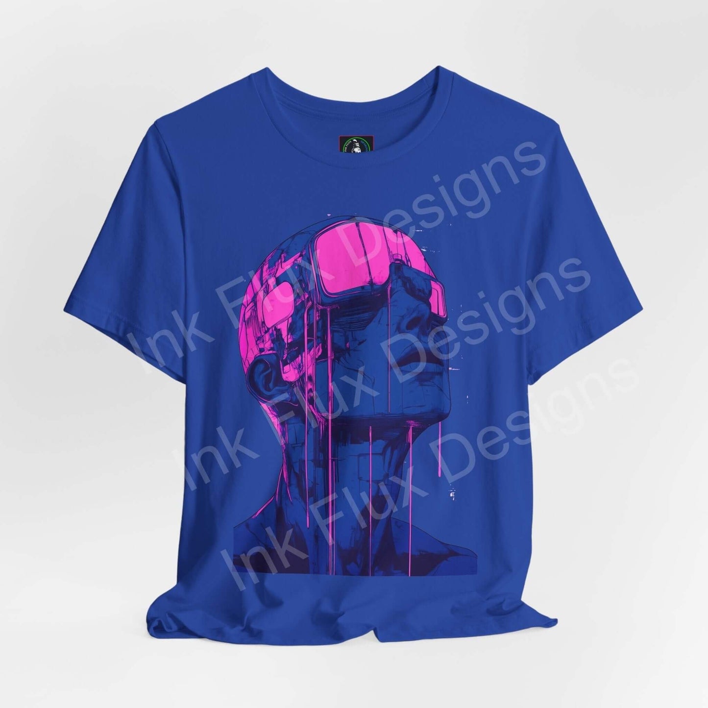 Blue unisex T-shirt featuring a vibrant cyberpunk-style graphic of a pink and purple cyborg head, showcasing Bella+Canvas's sustainable and ethically made tees.