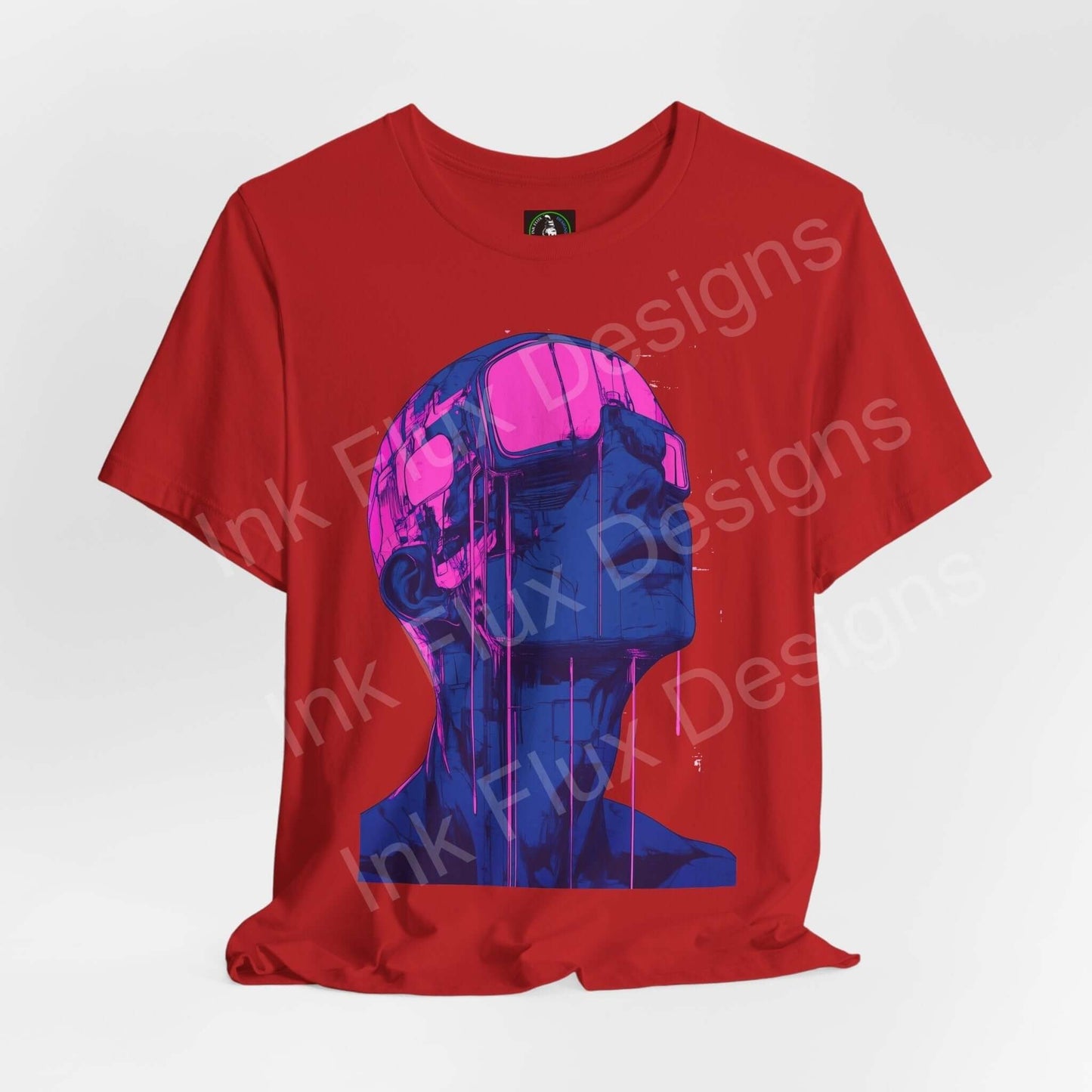 Red unisex T-shirt featuring a vibrant cyberpunk graphic of a blue and pink cyborg head, from the Cyborg IV collection by Bella+Canvas.