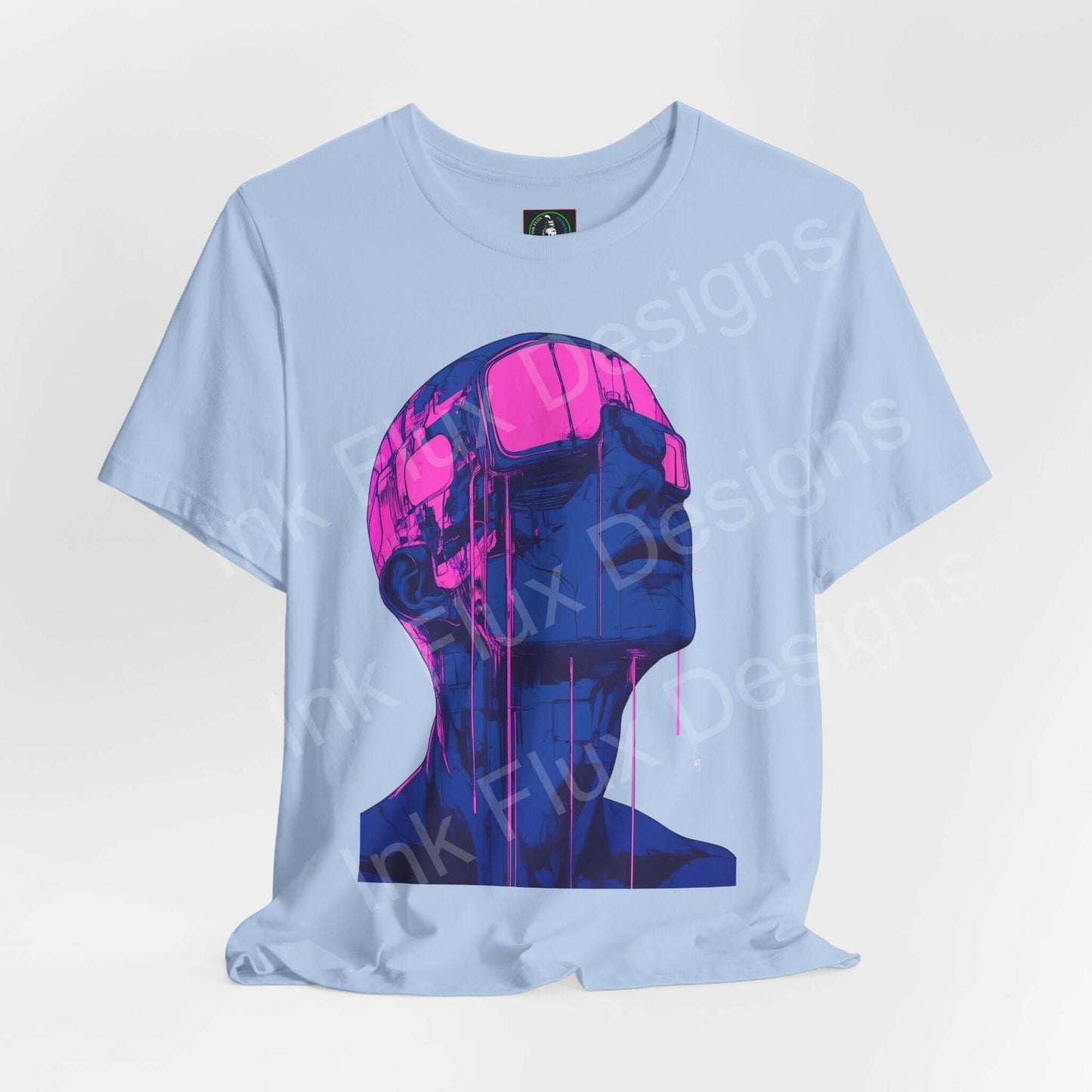 Cyberpunk-inspired graphic T-shirt featuring a vibrant pink and blue cyborg head design on a light blue jersey tee, perfect for style and comfort.