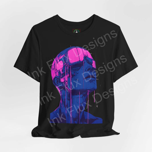 Black unisex T-shirt featuring a vibrant blue and pink cyberpunk graphic of a cyborg head, from Bella+Canvas, emphasizing style and sustainability.