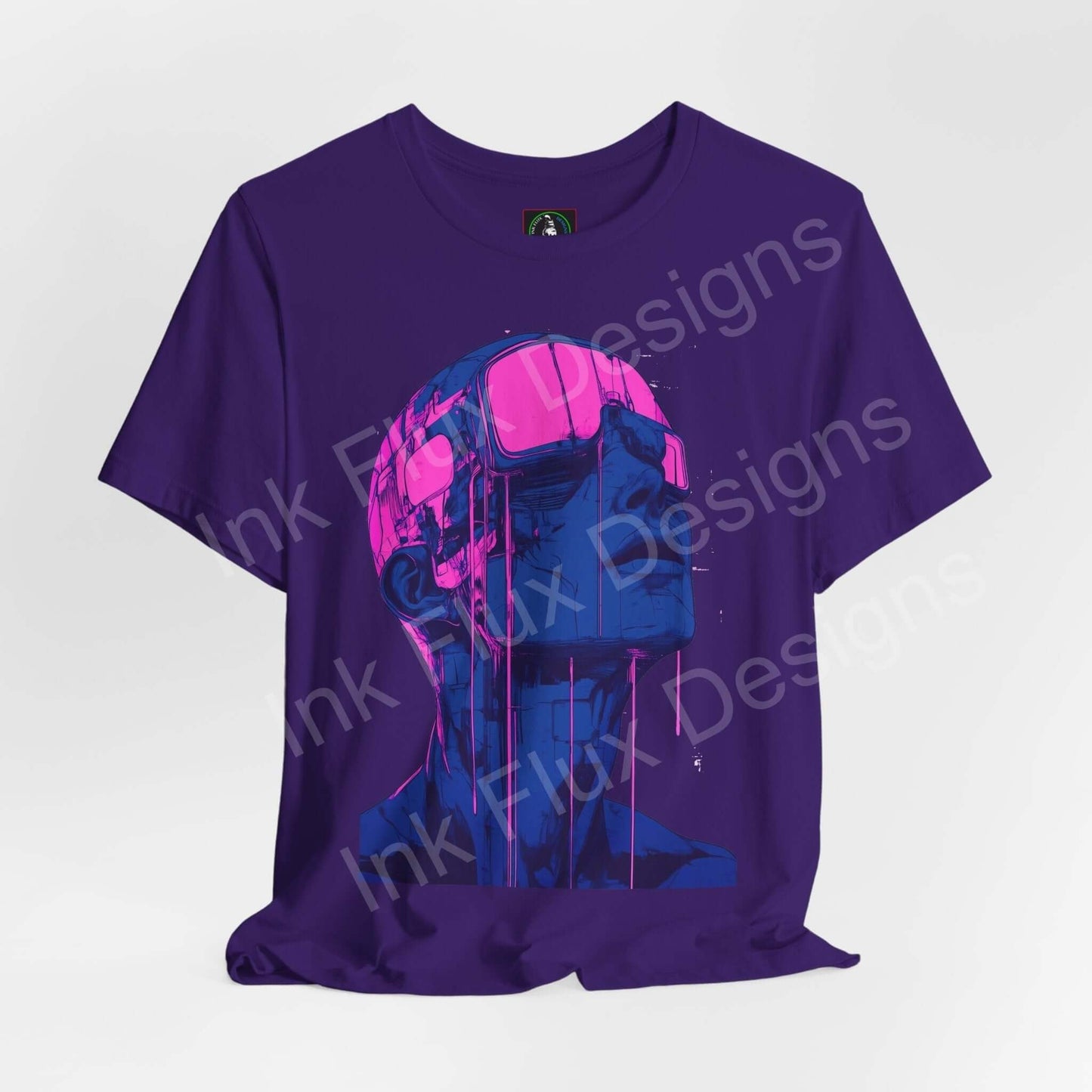Cyberpunk graphic tee featuring a vibrant blue and pink cyborg design on a purple unisex T-shirt, tailored with ribbed collar and tapered shoulders.