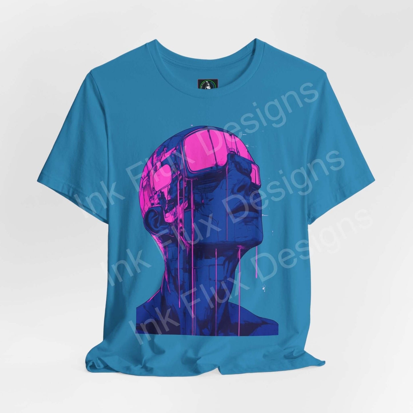 Unisex turquoise T-shirt with a vibrant pink and blue cyborg graphic design, showcasing contemporary cyberpunk style.
