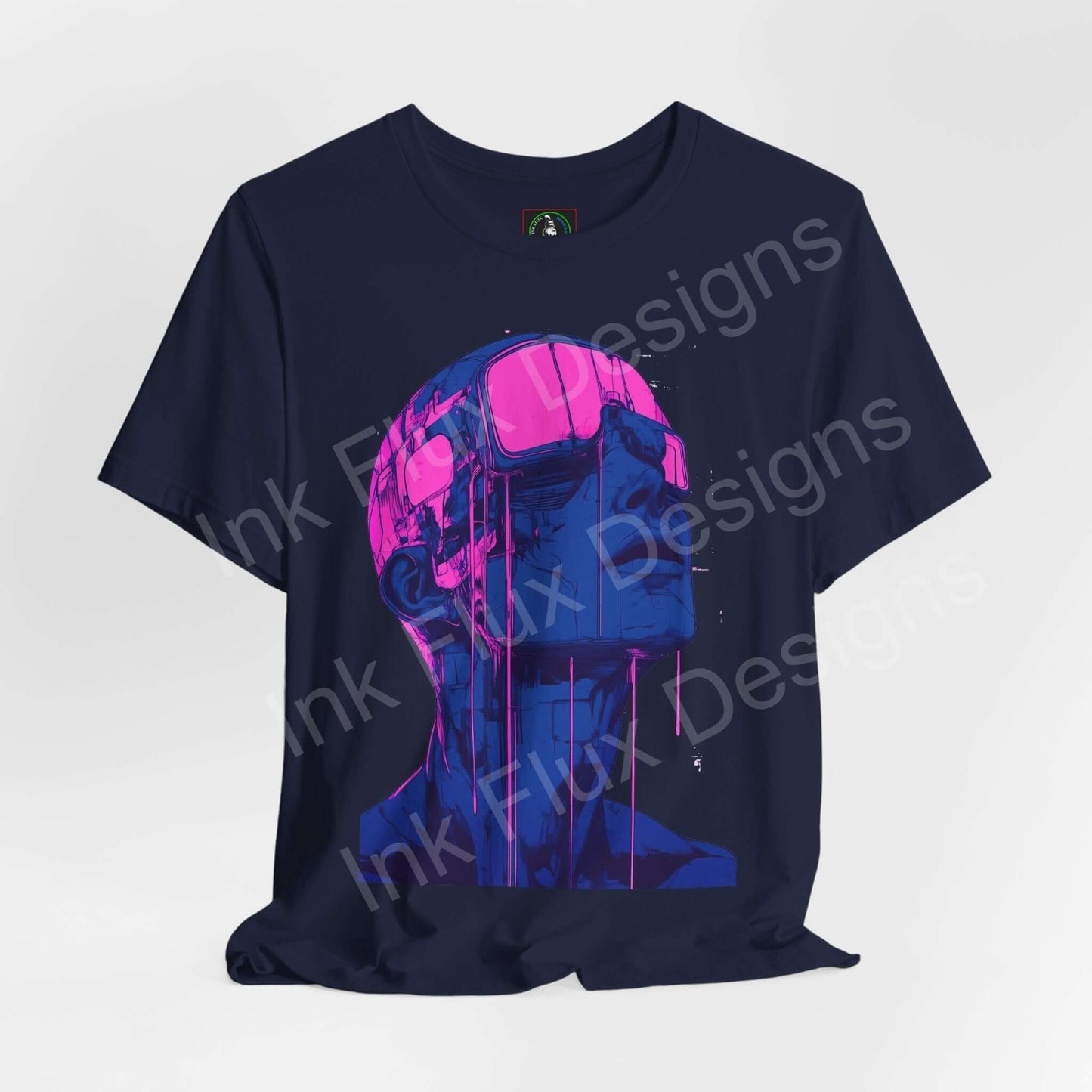 Cyberpunk-inspired graphic tee featuring a vibrant pink and blue cyborg design on a dark unisex T-shirt, ideal for fans of futuristic styles.