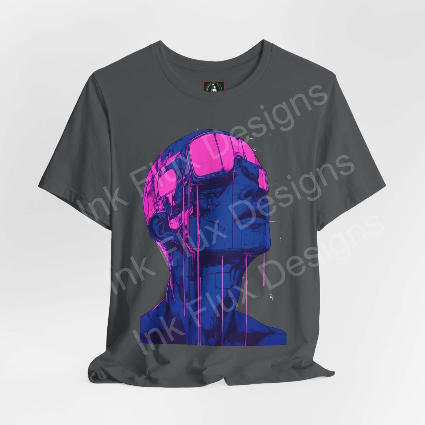 Unisex gray cyberpunk graphic tee featuring a vibrant pink and blue cyborg design, crafted from Airlume cotton by Bella+Canvas