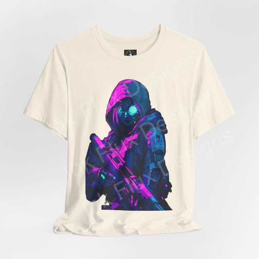 Cyberpunk graphic tee featuring a vivid cyborg soldier design on a unisex jersey T-shirt, perfect for cyberpunk fans and tee collectors.