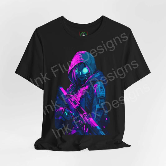 Black unisex T-shirt featuring a vibrant cyberpunk graphic of a cyborg soldier in blue and pink hues, ideal for fans of graphic tees.