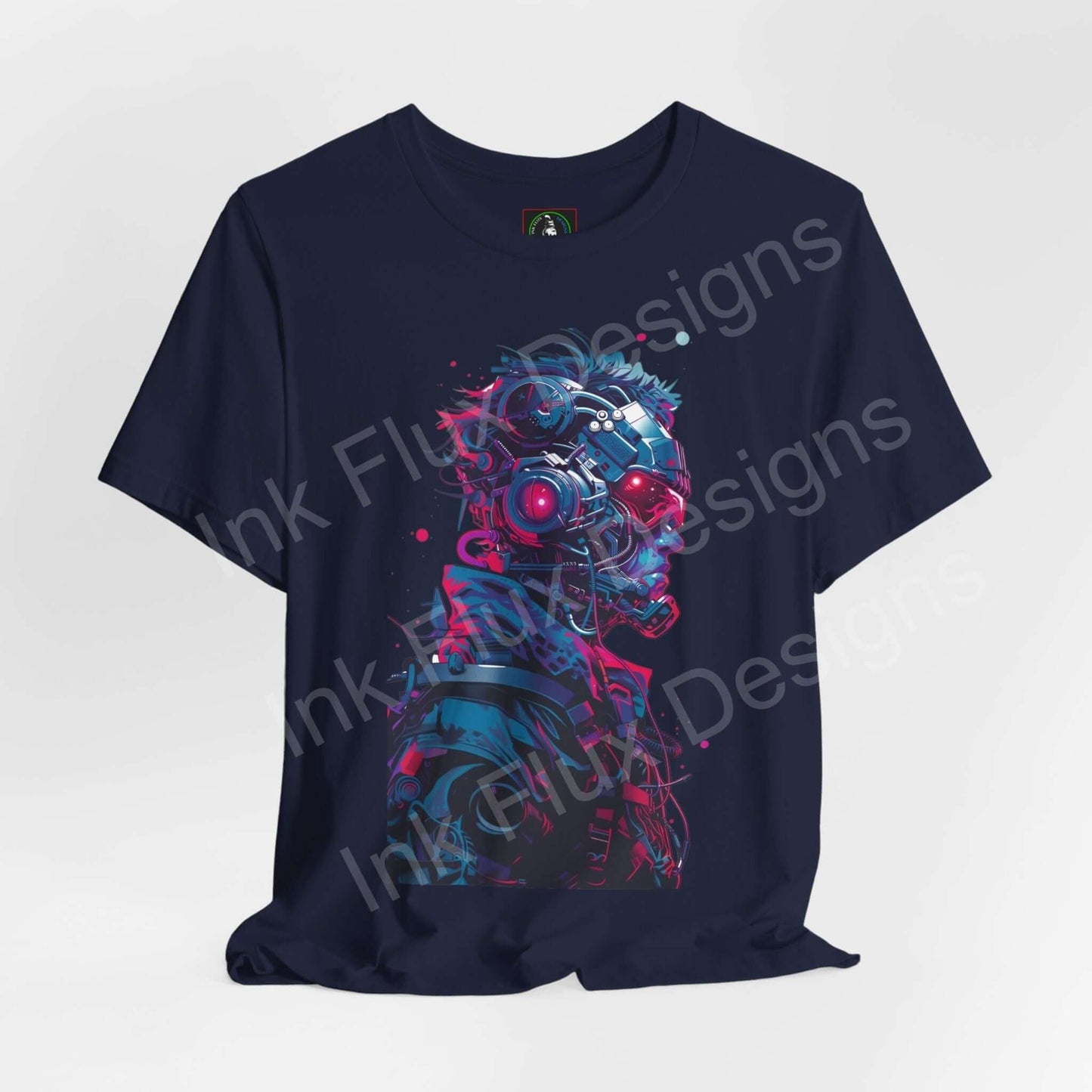 Navy unisex cyberpunk graphic tee featuring a vibrant, artistic print of a cyborg face, crafted from soft Airlume cotton by Bella+Canvas.