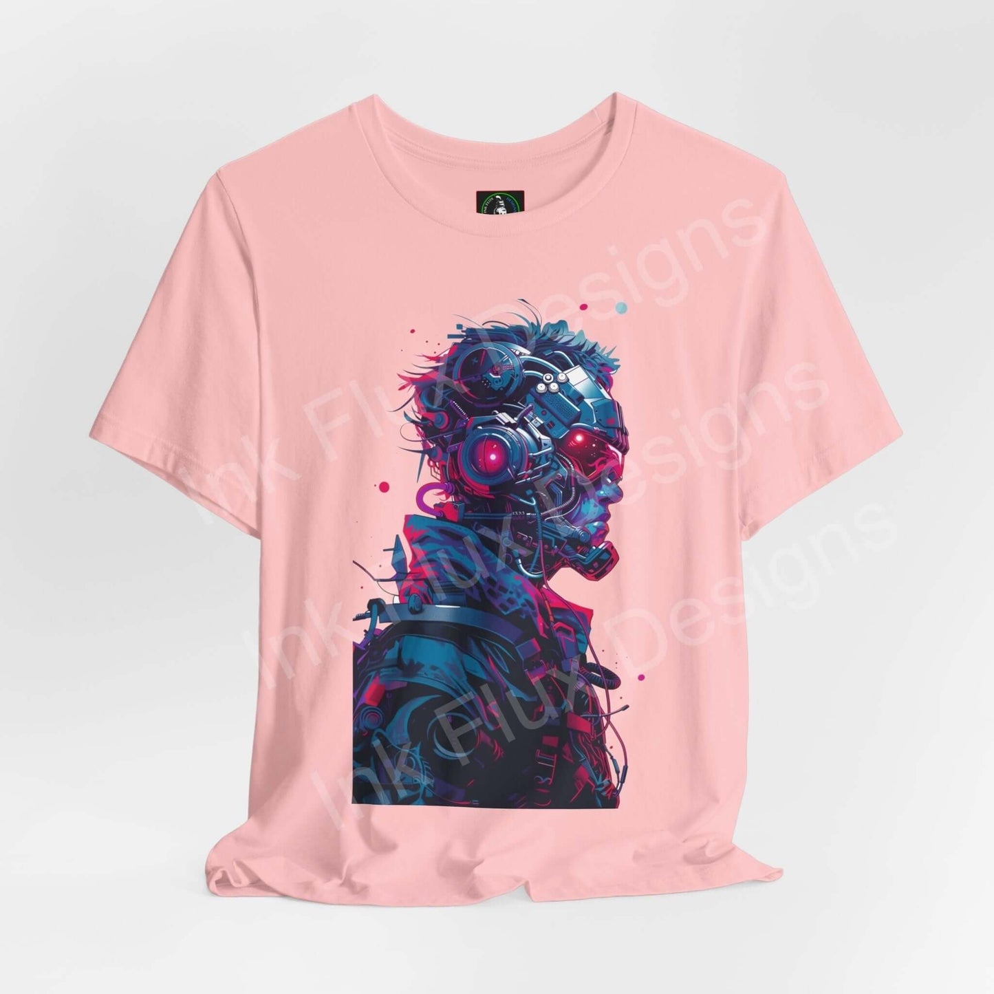 Stylish pink unisex T-shirt featuring a vibrant cyberpunk graphic design of a futuristic cyborg, ideal for fans of graphic tees.
