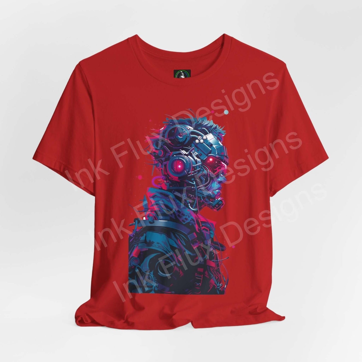 Red unisex T-shirt with vibrant cyberpunk graphic of a cyborg face, from Bella+Canvas, featuring ribbed collar and dual side seams.