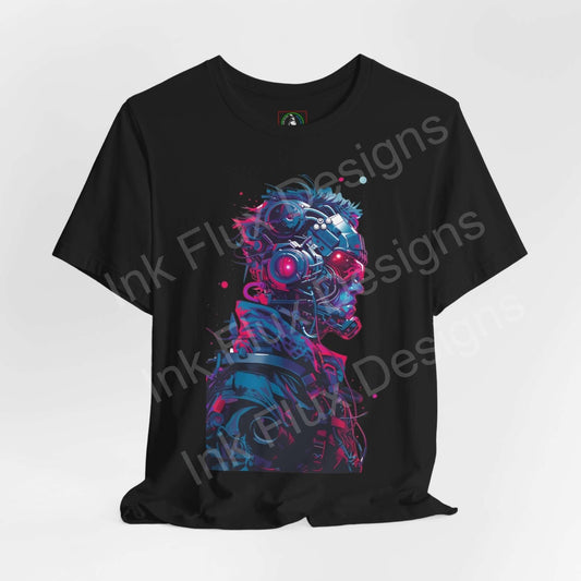 Unisex black T-shirt featuring a vibrant cyberpunk graphic of a cyborg face, perfect for fans of Graphic Tees and cyber culture.