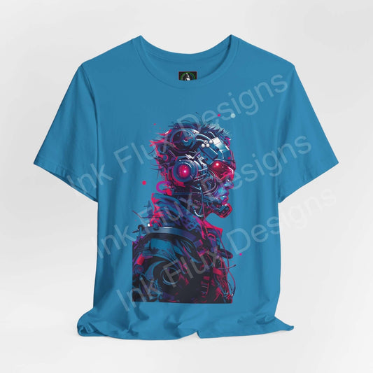 Blue unisex T-shirt featuring a vibrant cyberpunk graphic design of a cyborg face, ideal for fans of graphic tees and cyberpunk style.