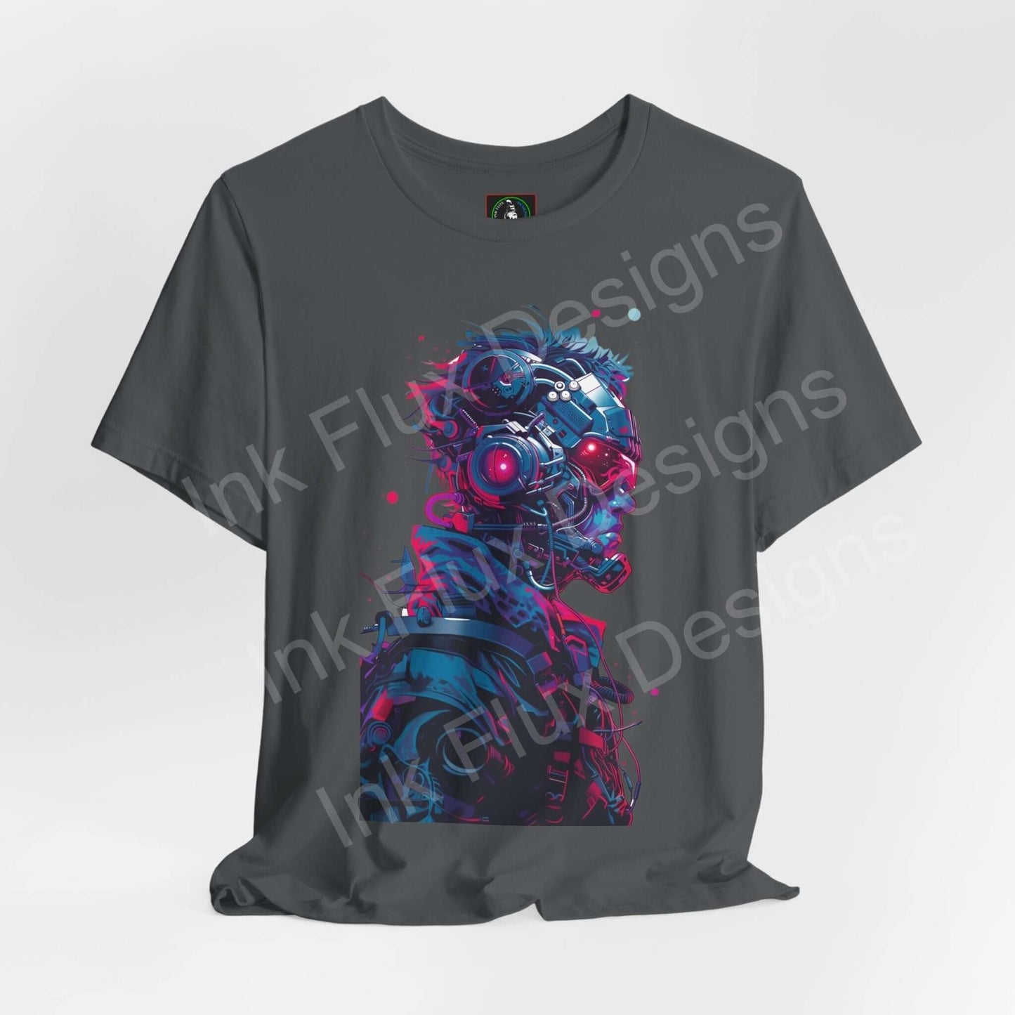 Cyberpunk-inspired graphic tee featuring a vibrant, neon-colored cyborg design on a charcoal grey jersey T-shirt, perfect for fans of futuristic fashion.