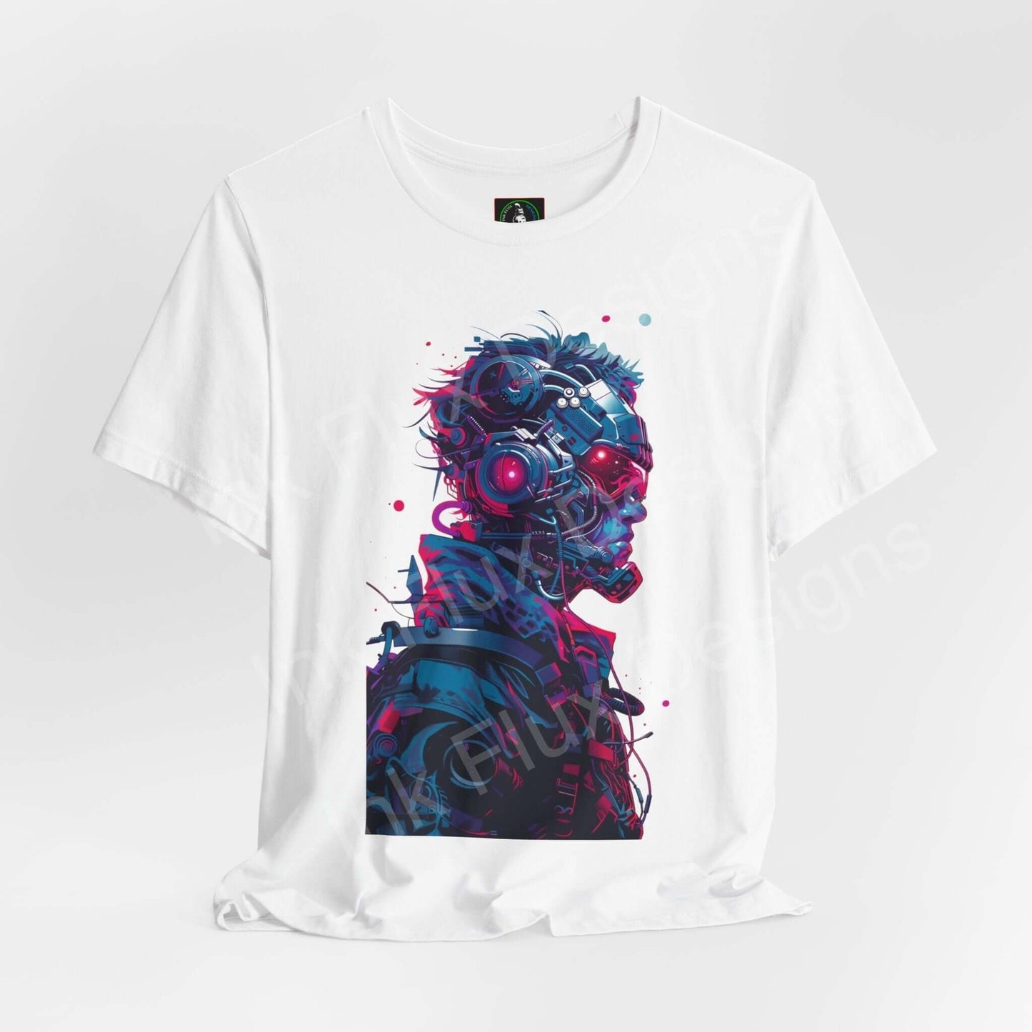 Unisex white jersey T-shirt featuring a vibrant cyberpunk graphic print with intricate details, ideal for fans of cyberpunk style and graphic tees.
