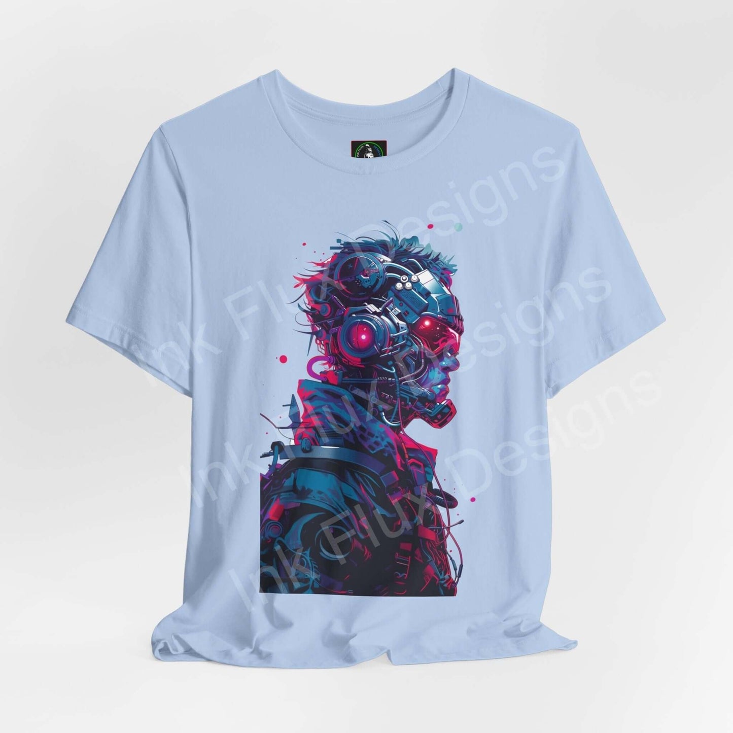 Light blue unisex jersey T-shirt featuring a vibrant cyberpunk graphic design of a cyborg face, ethically made by Bella+Canvas, ideal for style and comfort.