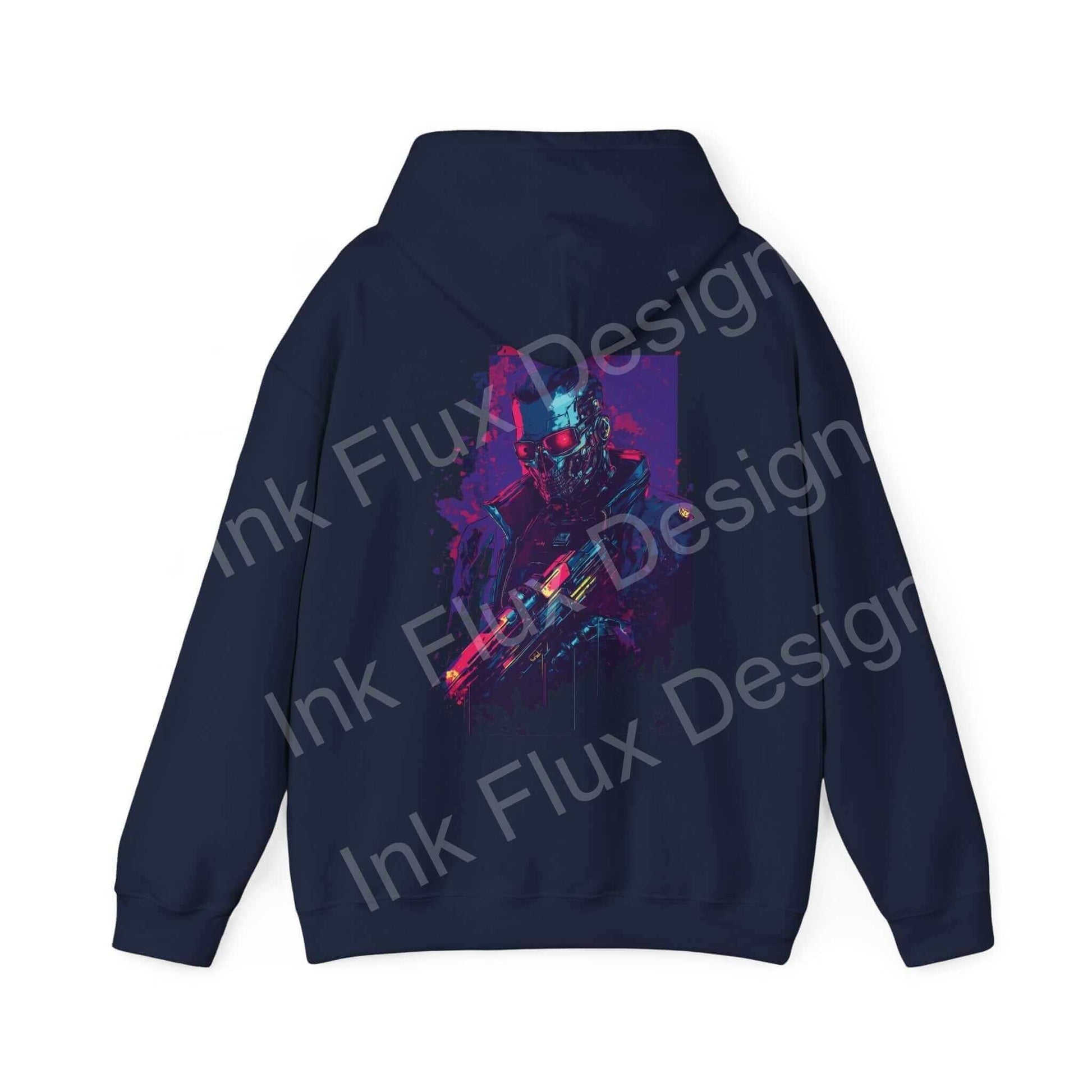 Navy blue Cyborg VI hooded sweatshirt with bold graphic design on back, featuring vibrant cyborg print - ideal for graphic hoodie enthusiasts.