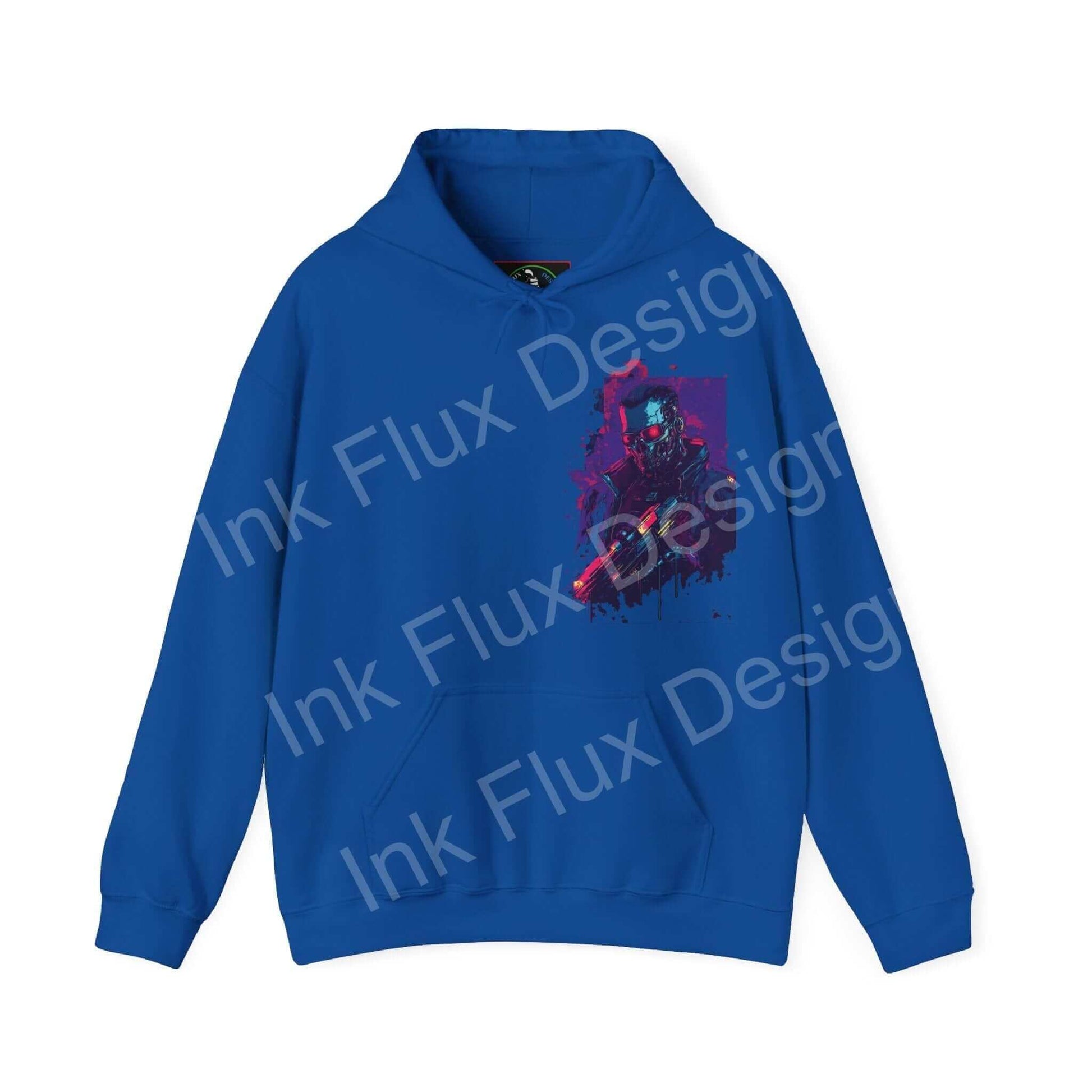 Blue Cyborg VI graphic hoodie with bold designs, showcasing a mix of vibrant pink and red on dark futuristic artwork, perfect for fashion-forward individuals seeking style and comfort.