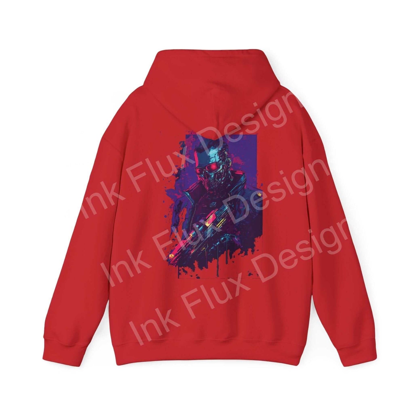 Red Cyborg VI graphic hoodie with bold cyborg design on the back, showcasing a blend of vibrant colors and futuristic artistry.