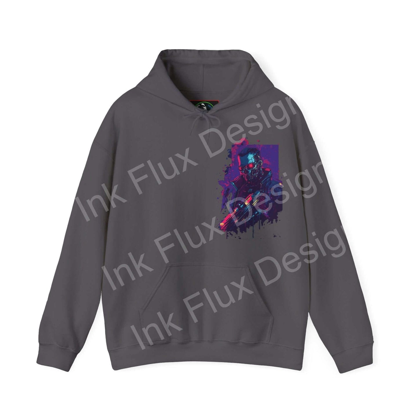 Unisex gray Cyborg VI hooded sweatshirt featuring a bold graphic design with vibrant colors, ideal for those seeking stylish, comfortable graphic hoodies.