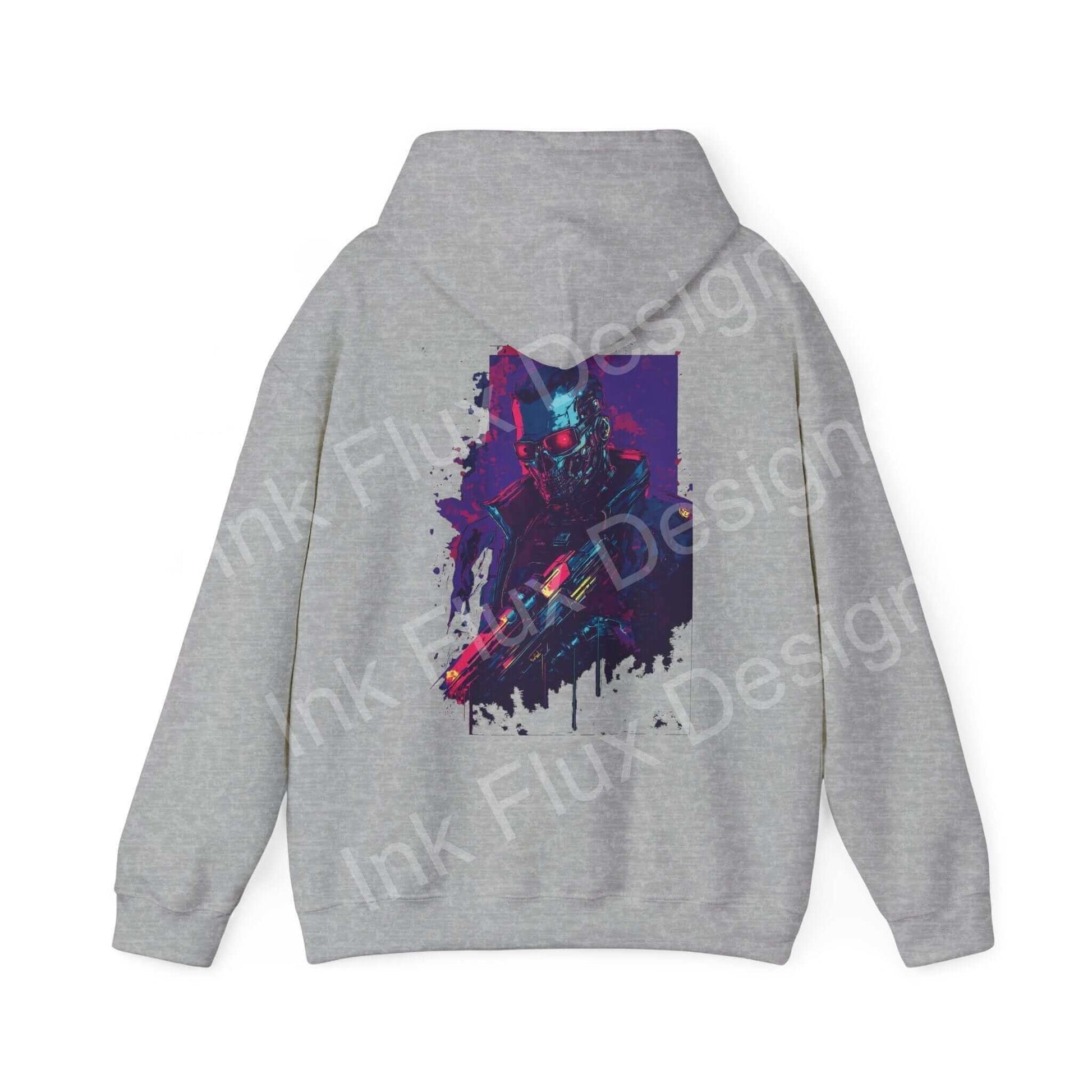 Back view of a gray Cyborg VI hooded sweatshirt featuring a bold, graphic print of a cyborg with vibrant colors.