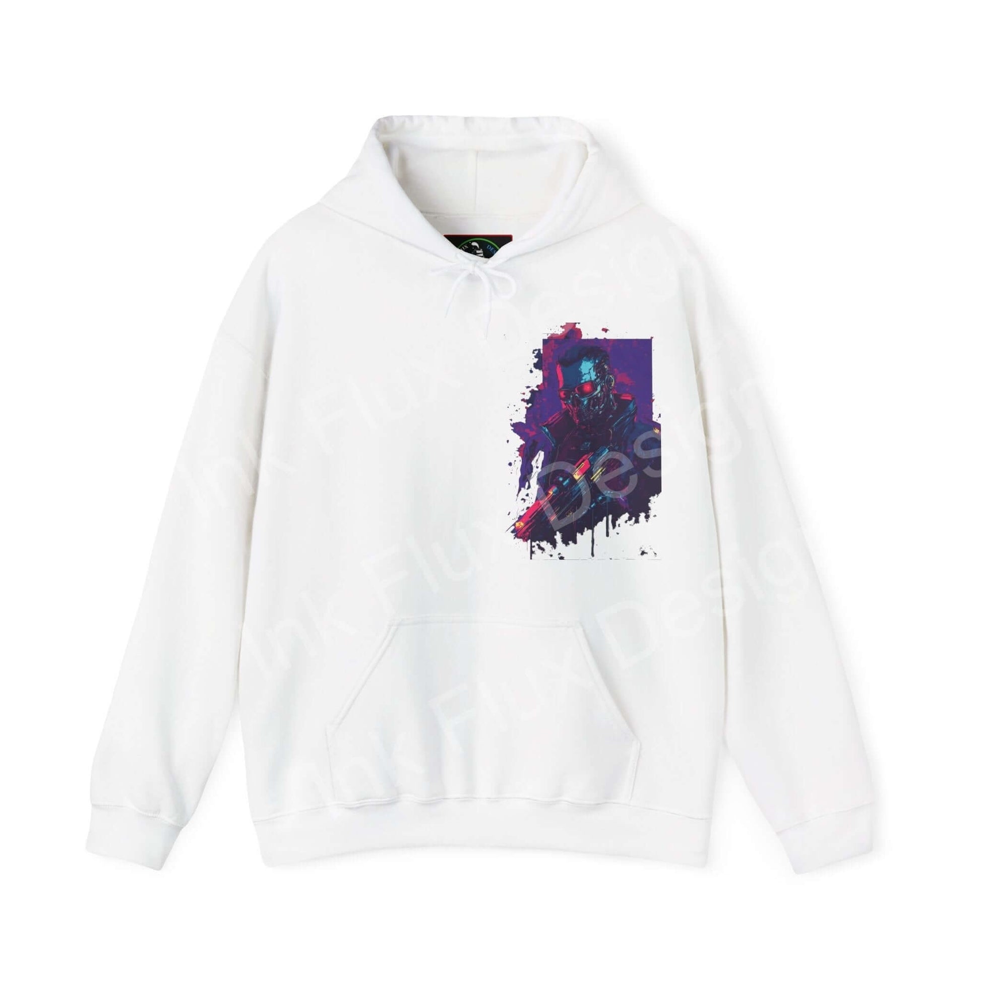 White Cyborg VI hooded sweatshirt with a bold graphic design, combining comfort with creative, stylish appeal for unisex wear.