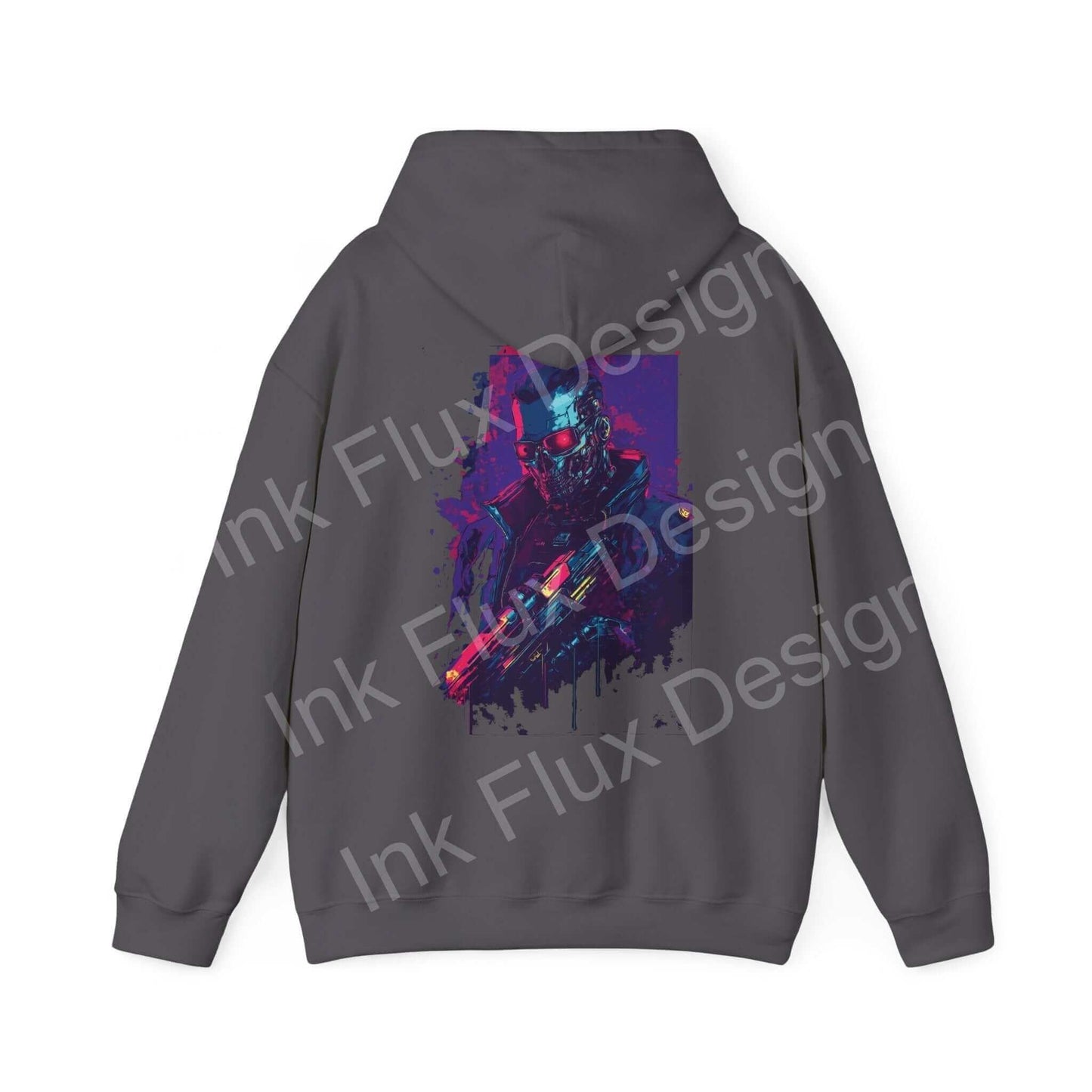 Back view of Cyborg VI Hooded Sweatshirt featuring bold graphic design with vibrant cyborg print on grey hoodie.