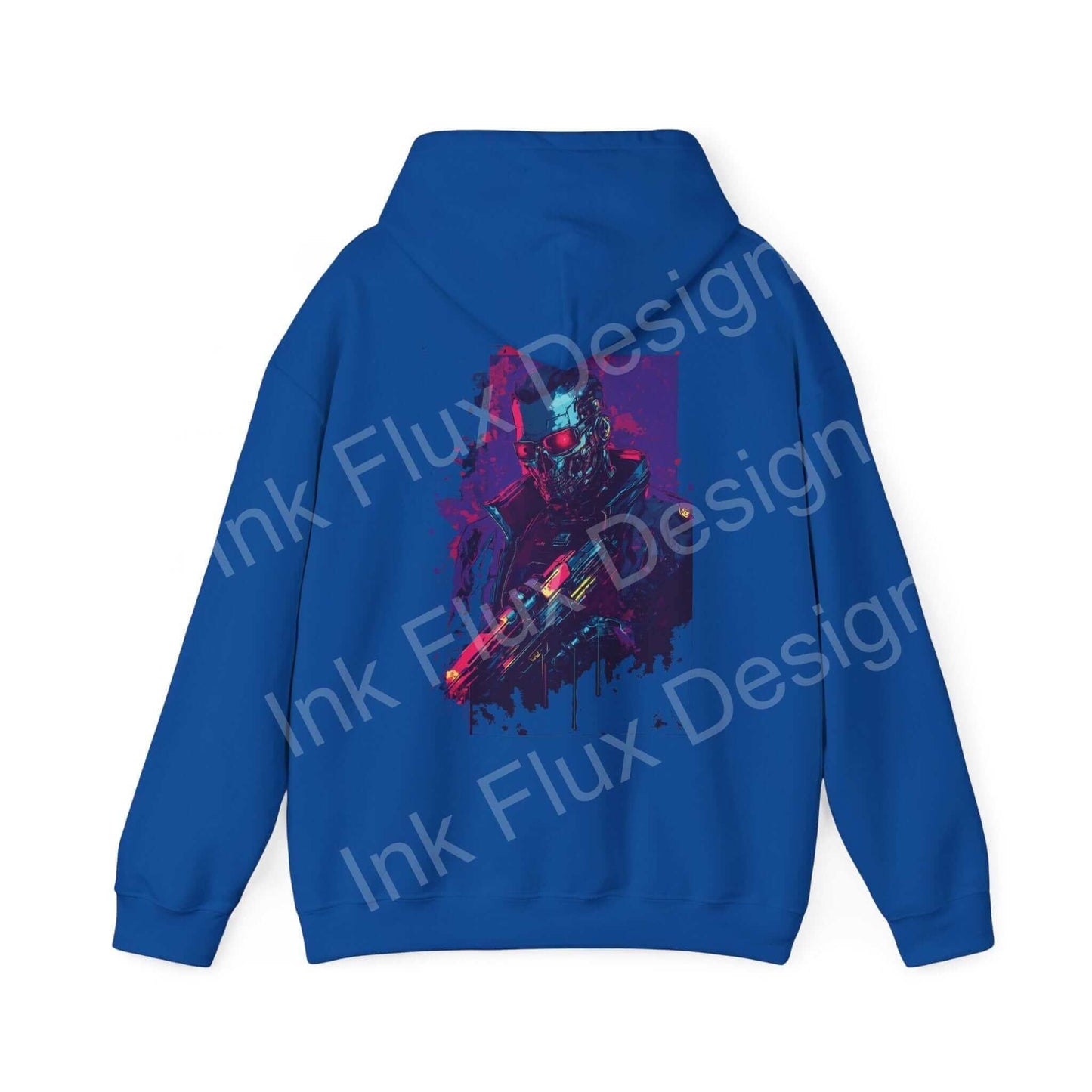 Blue Cyborg VI graphic hoodie with bold cyborg design on back, combining comfort and style in unisex fit
