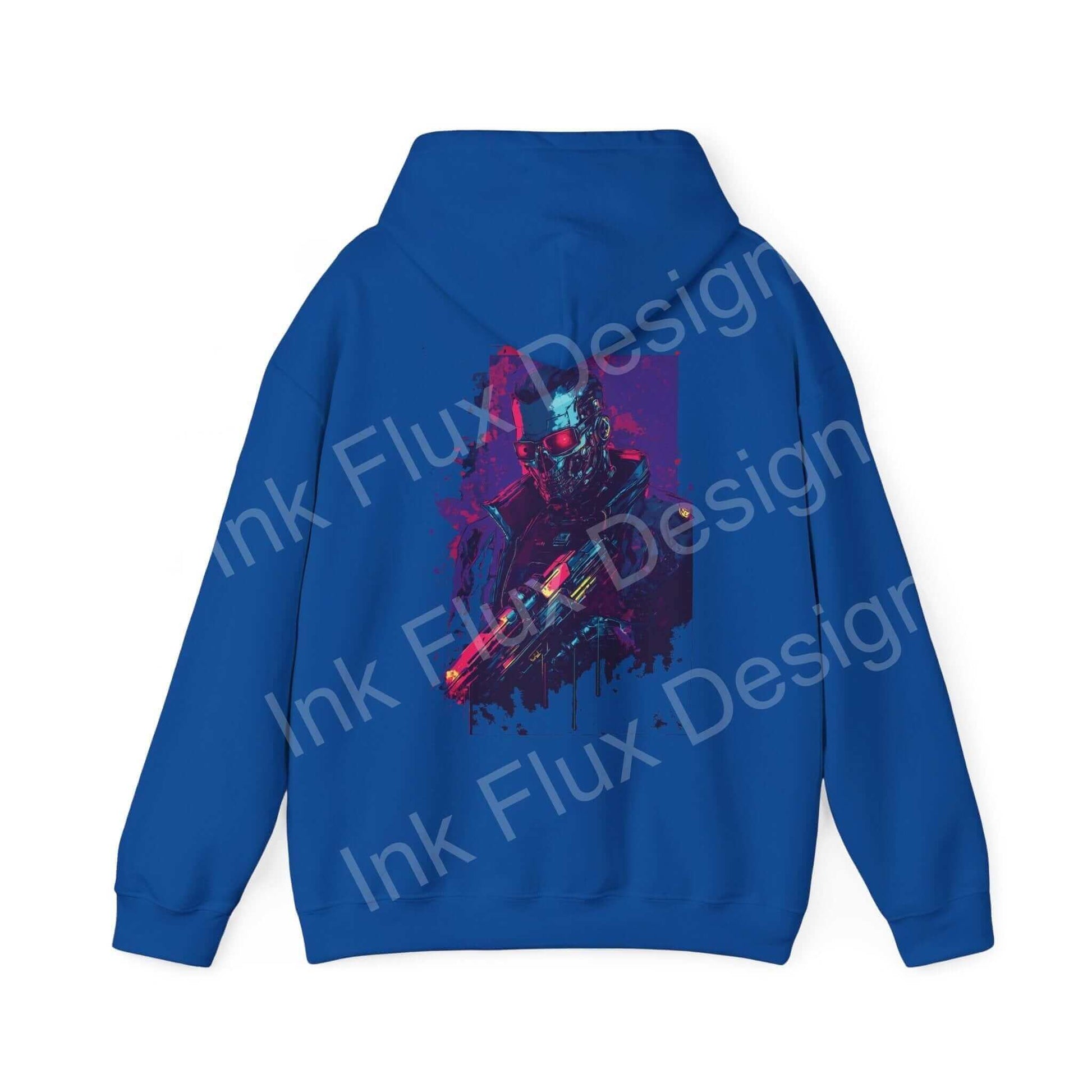 Blue Cyborg VI graphic hoodie with bold cyborg design on back, combining comfort and style in unisex fit
