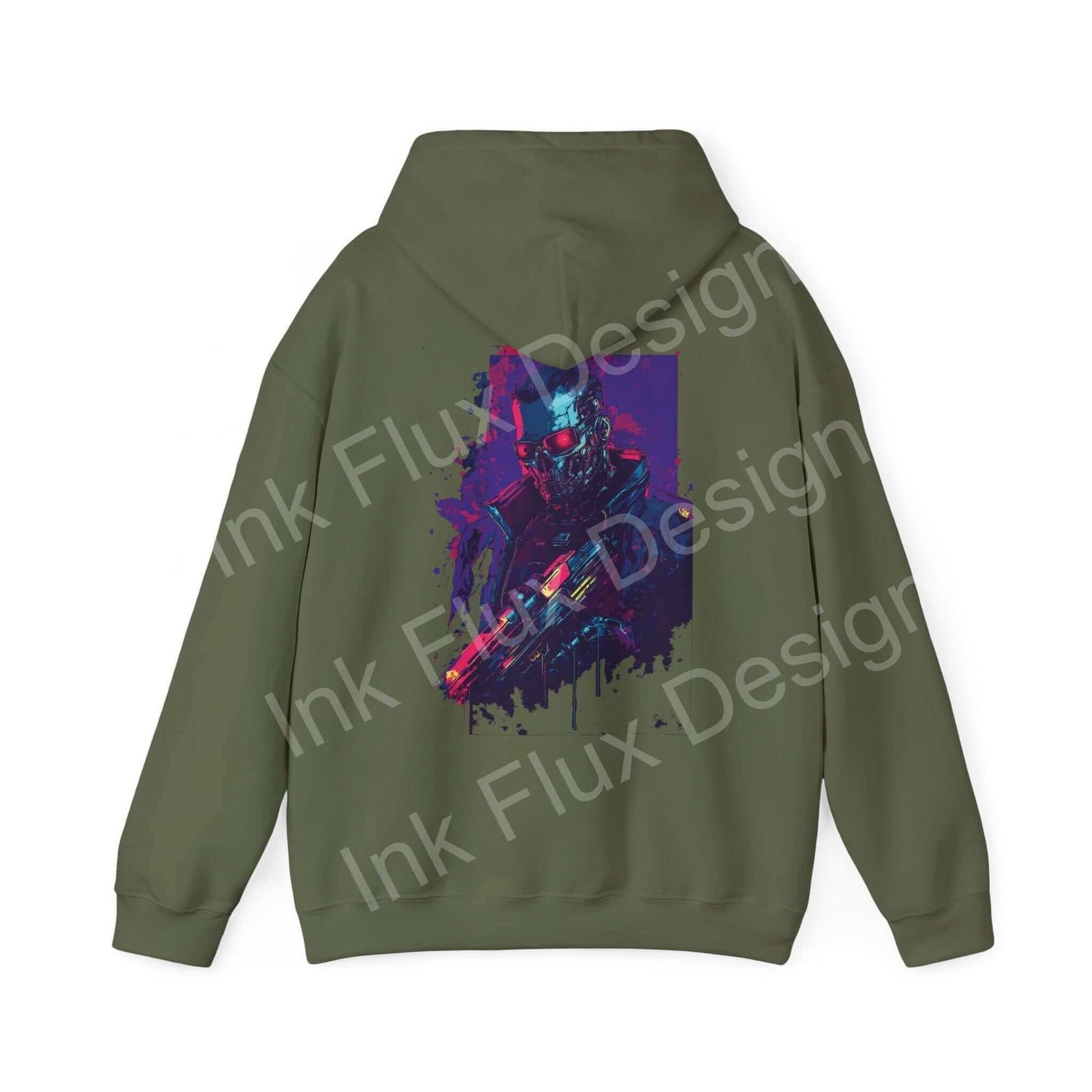 Olive green Cyborg VI hooded sweatshirt with bold graphic design of a cyborg in purple hues, ideal for stylish comfort.