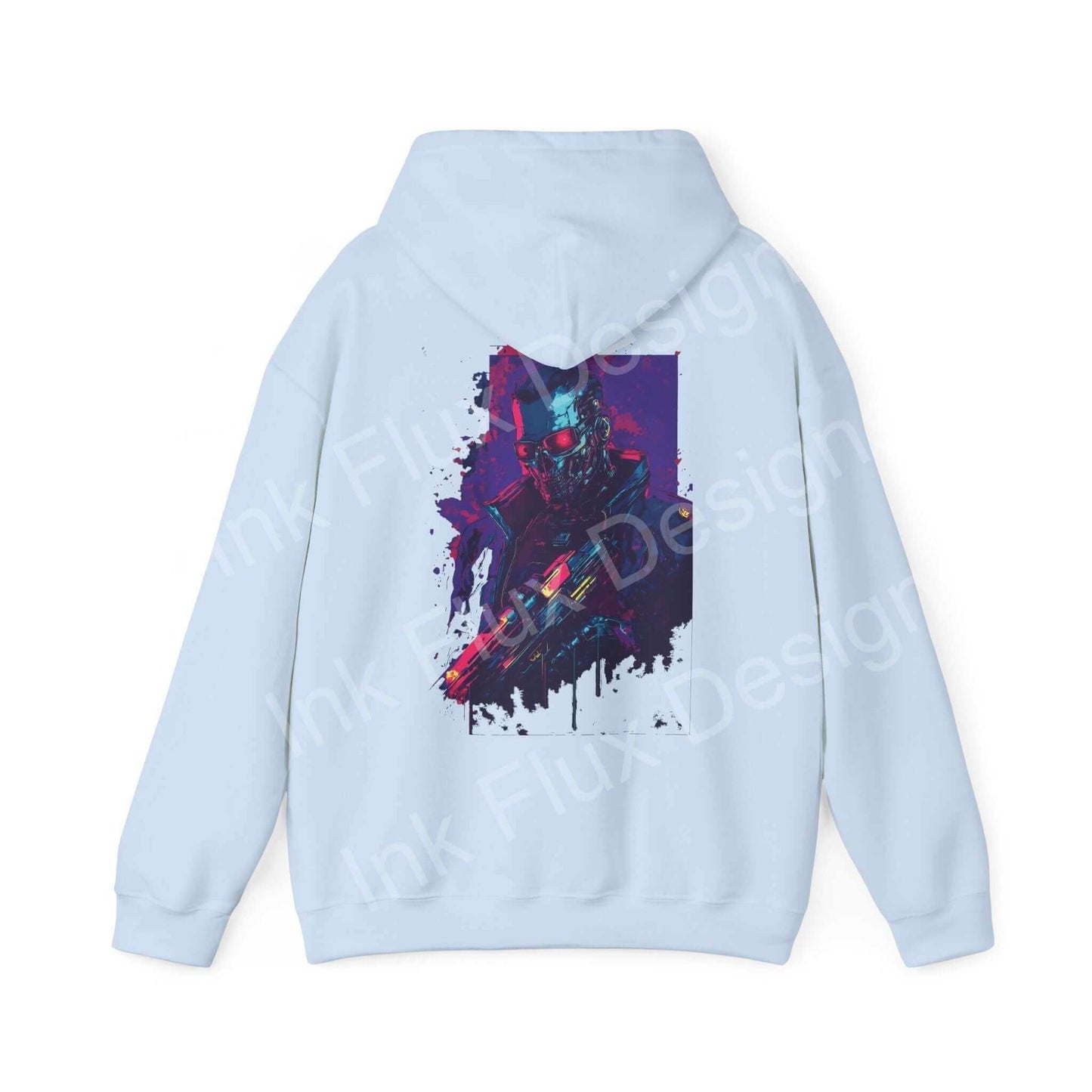Light blue unisex Cyborg VI Hooded Sweatshirt, featuring a bold graphic design of a cyborg on the back, blending comfort and style.