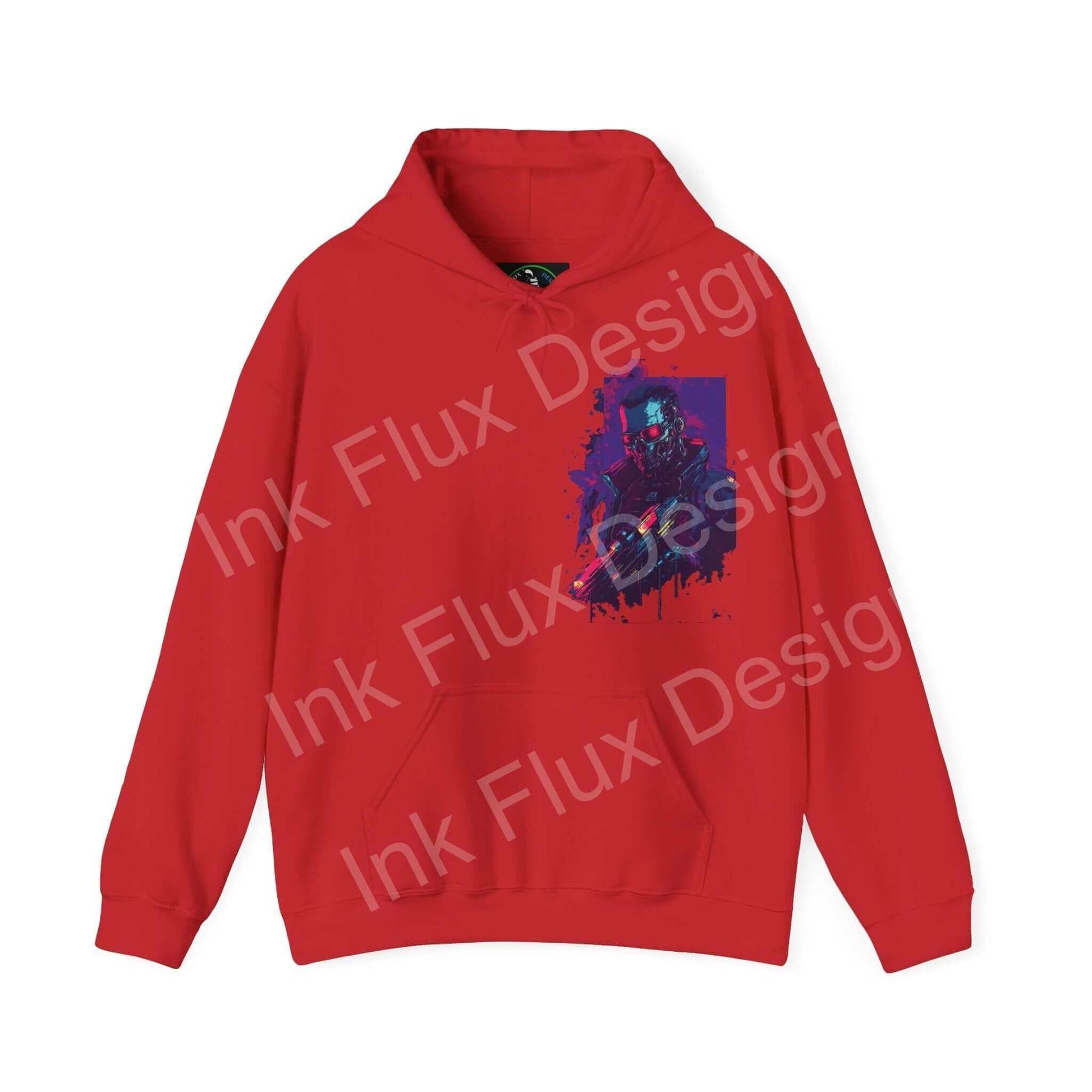 Red Cyborg VI graphic hoodie with bold design, combining comfort with stylish, durable blend of cotton and polyester for unisex wear