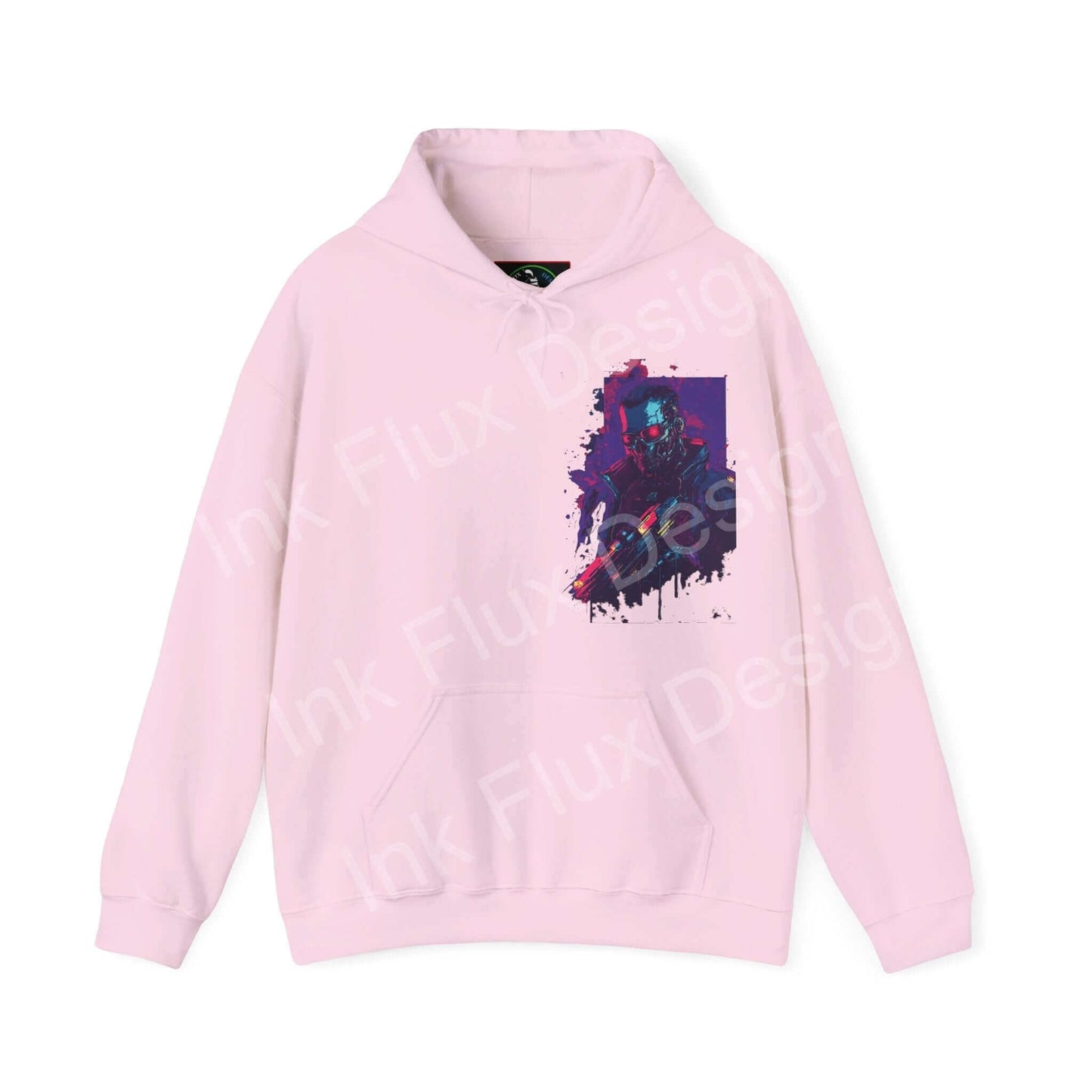 Pink Cyborg VI Hooded Sweatshirt with bold graphic design on front, combining soft cotton and durable polyester for comfort and style.
