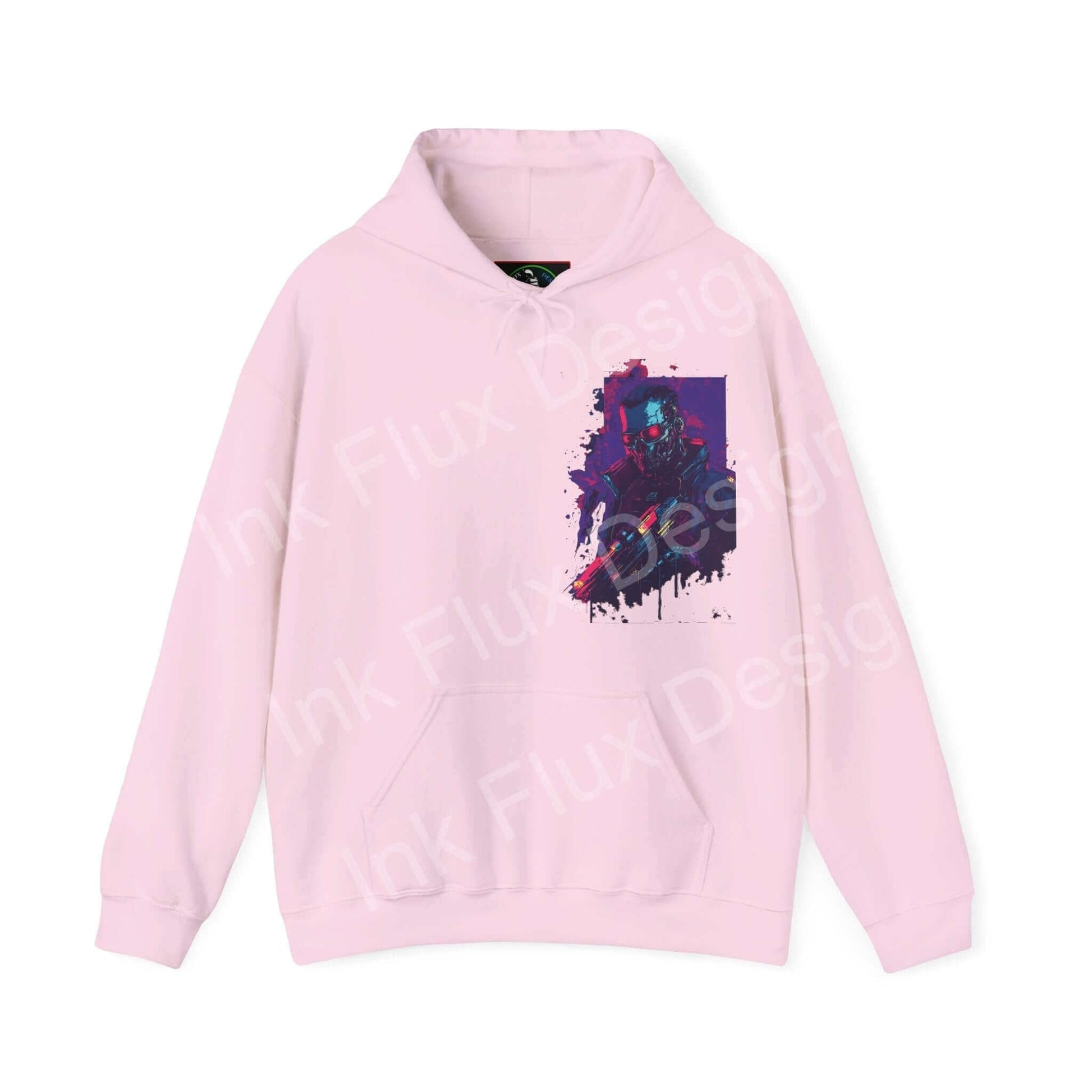 Pink Cyborg VI Hooded Sweatshirt with bold graphic design on front, combining soft cotton and durable polyester for comfort and style.
